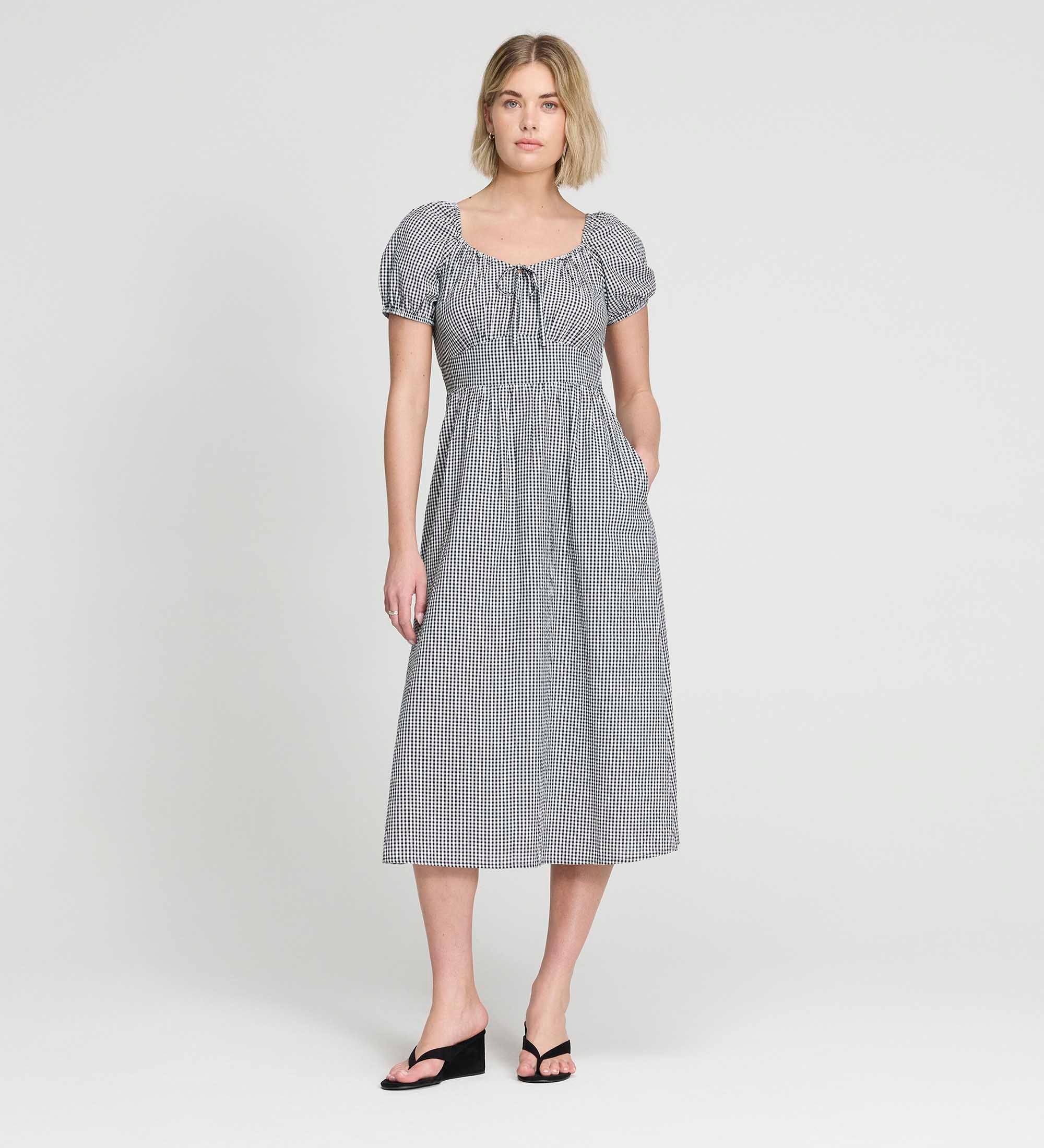 Kaitlyn Black Cotton Gingham Check Midi Dress