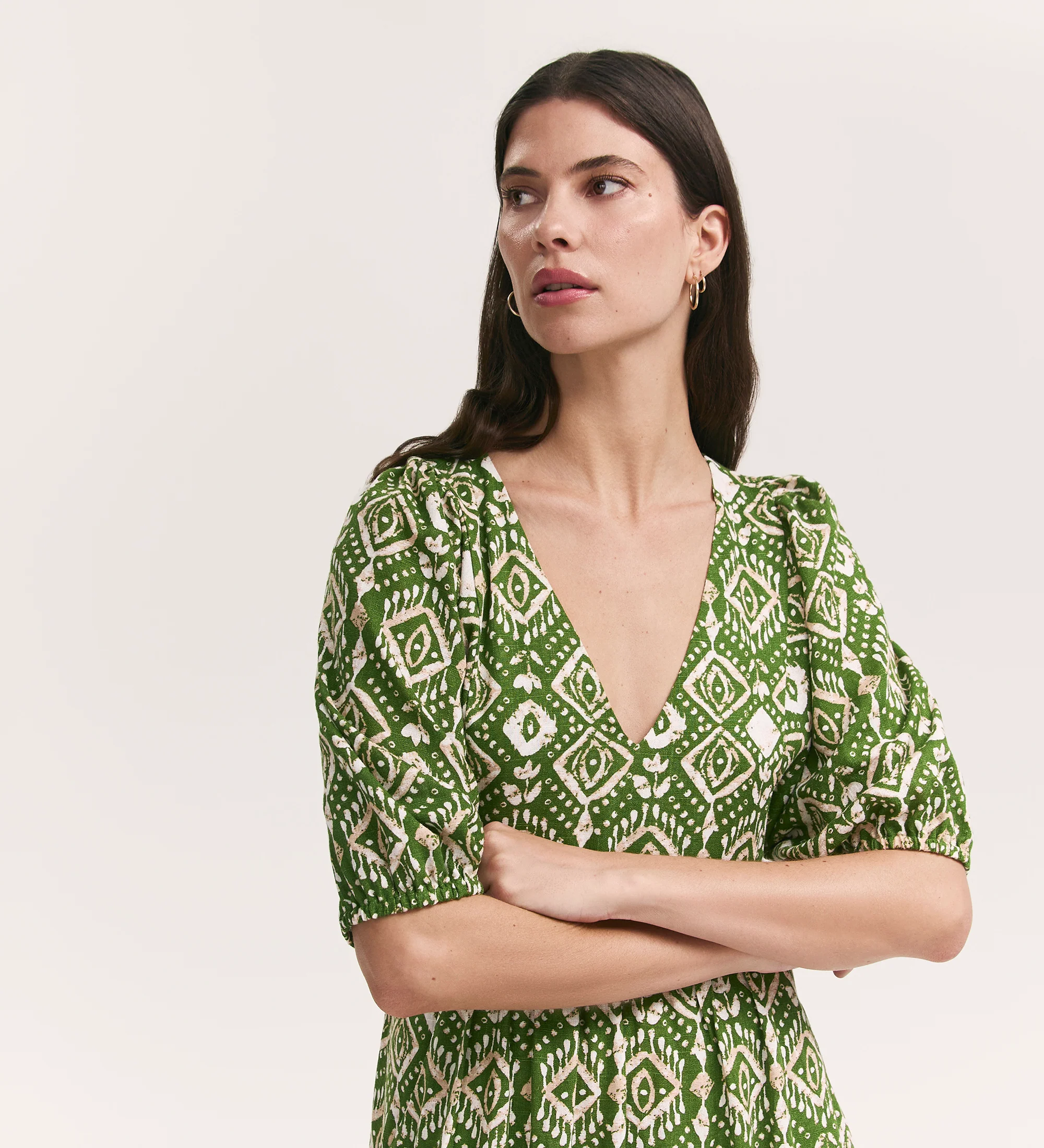 Katie Olive Woodblock Linen Blend Midi Smock Dress - Image 3