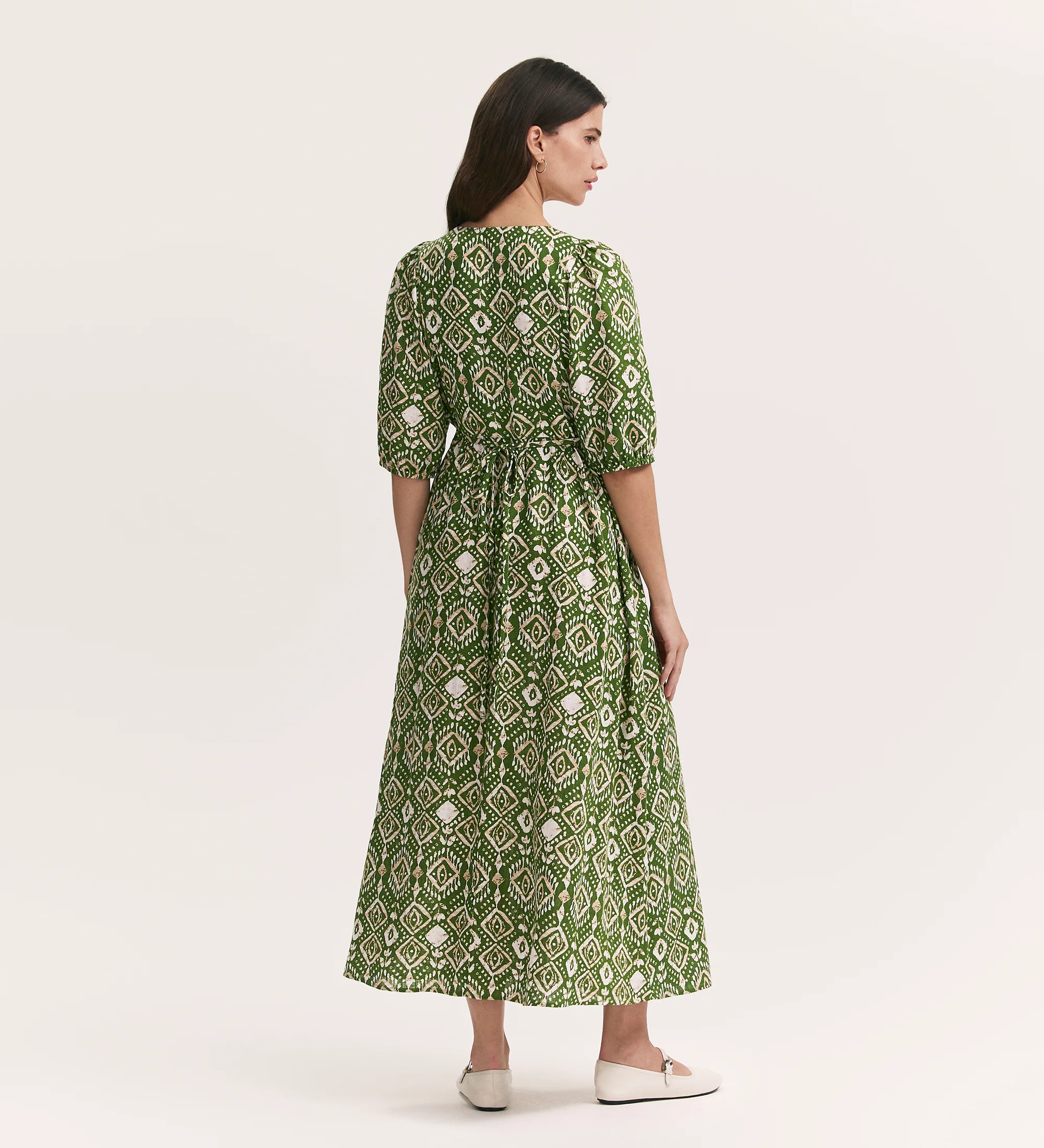 Katie Olive Woodblock Linen Blend Midi Smock Dress - Image 4