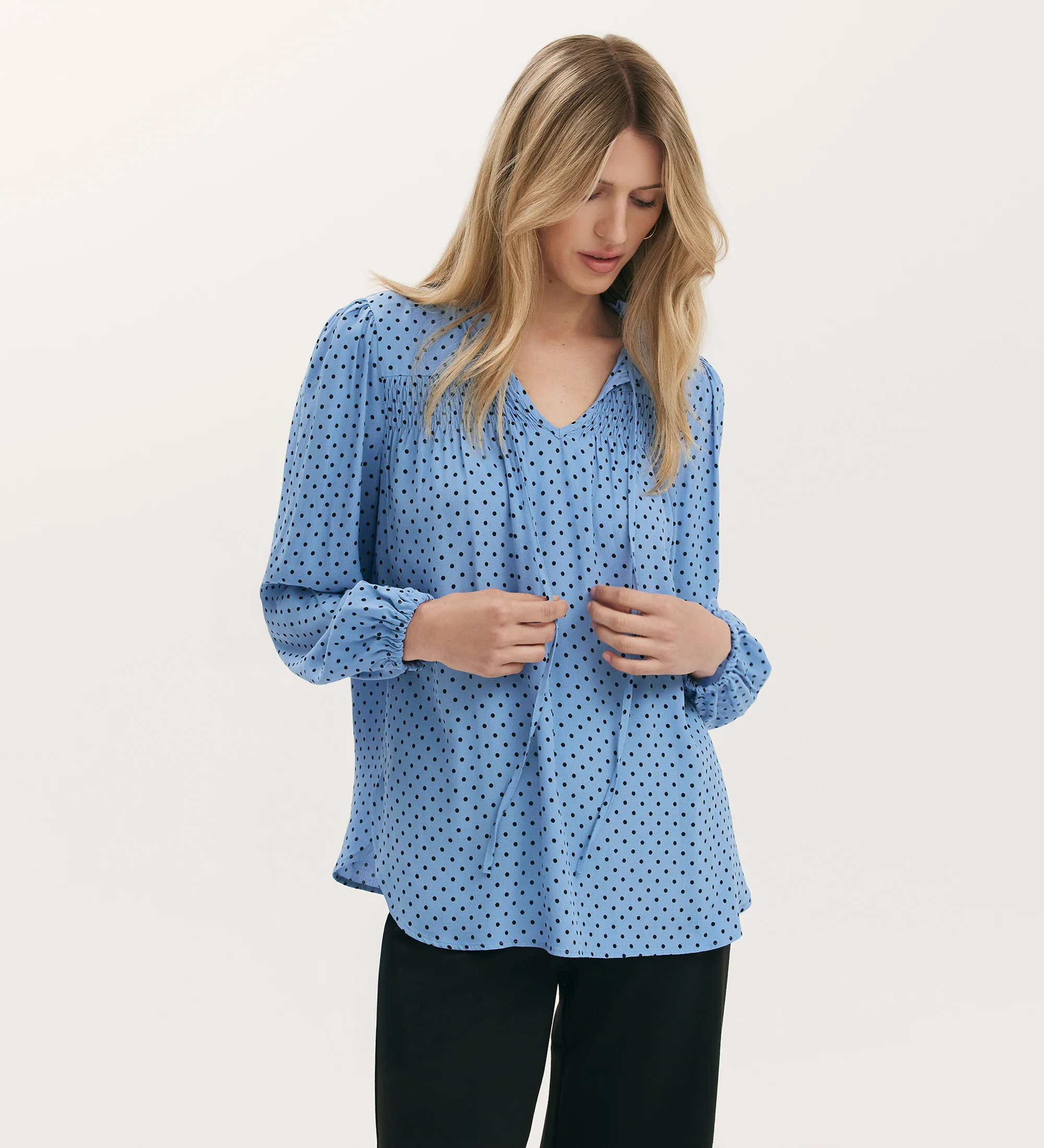 Kiya Blue Polka Dot Tie Neck Blouse - Image 3