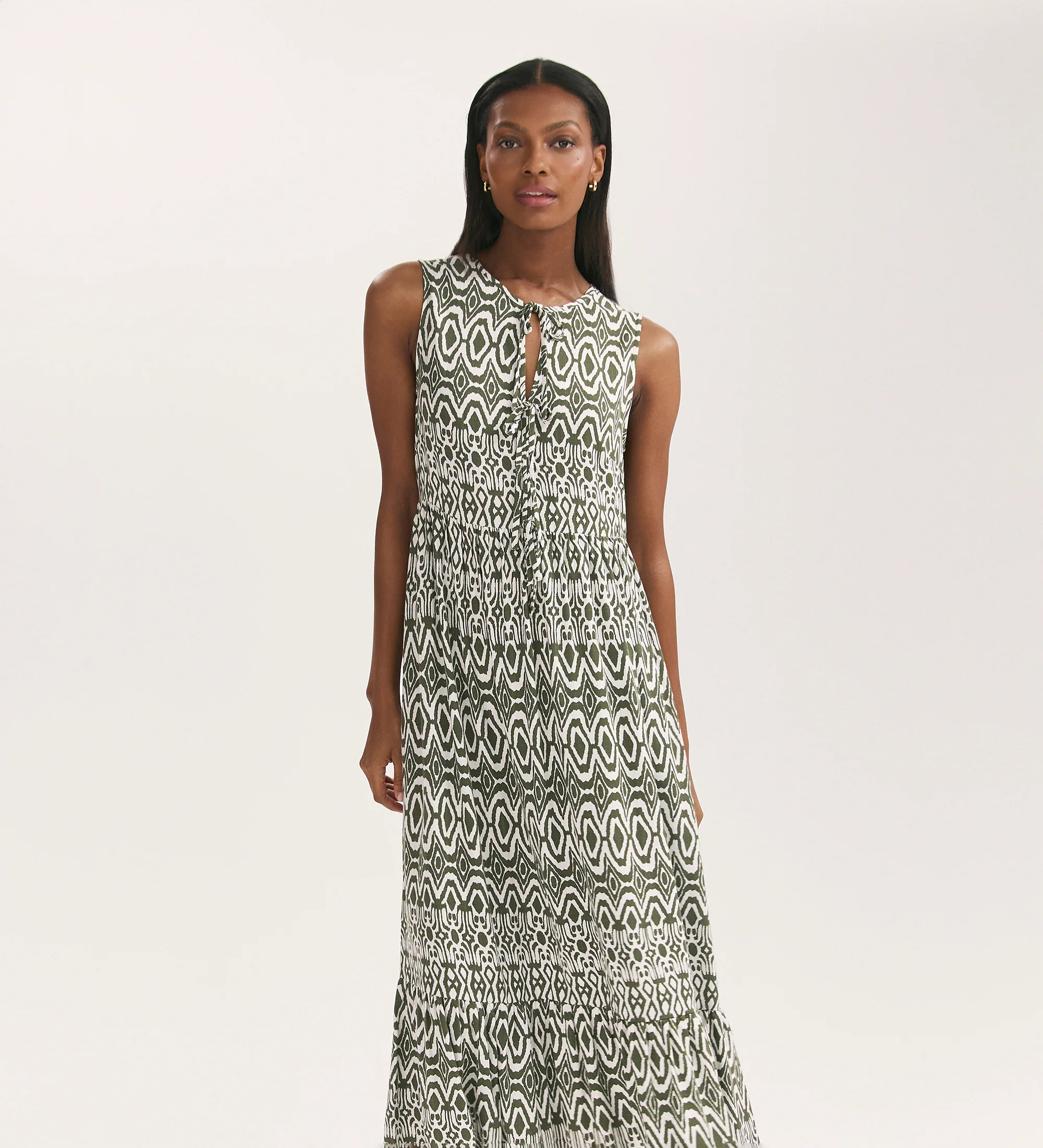 Larissa Khaki Tribal Tie Front Midi Dress - Image 3