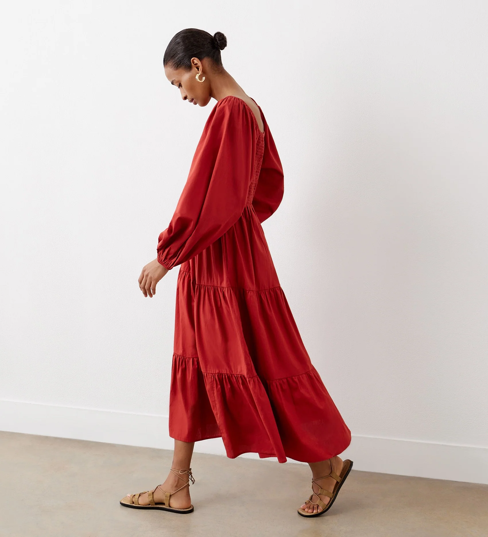 Lauretta Red Tiered Cotton Midi Dress - Image 3