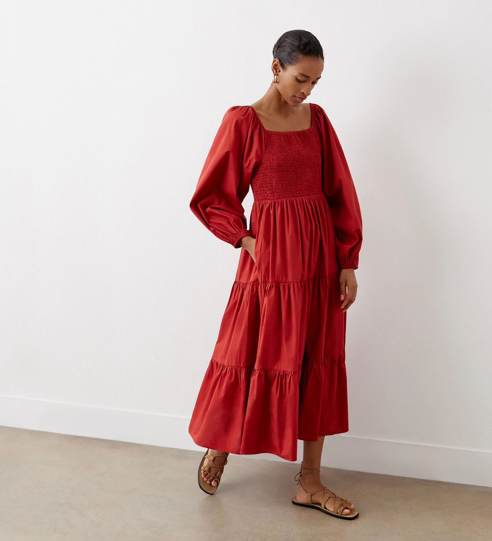 Lauretta Red Tiered Cotton Midi Dress - Image 5