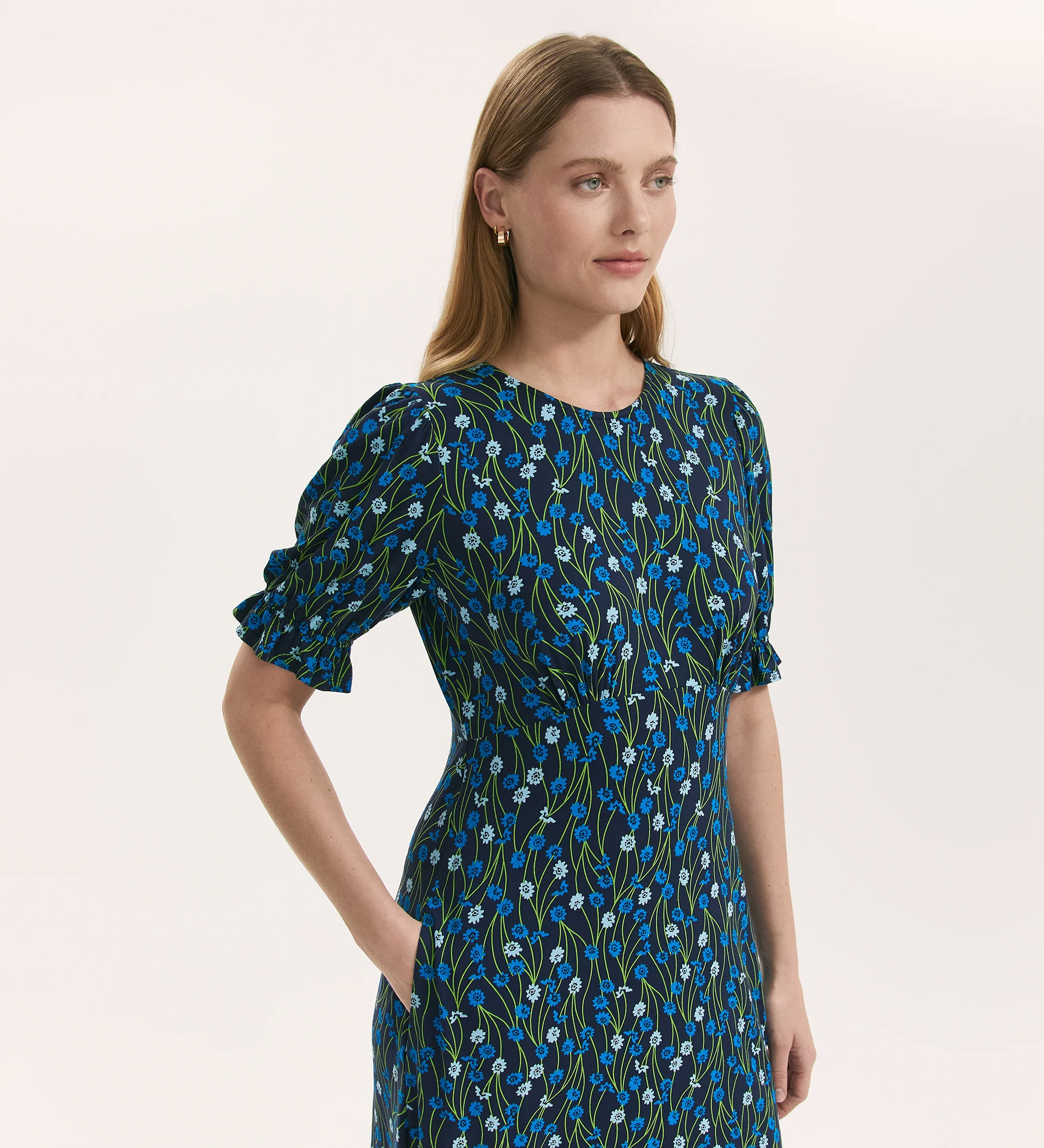 Lenisha Blue Flower Jersey Midi Tea Dress - Image 3