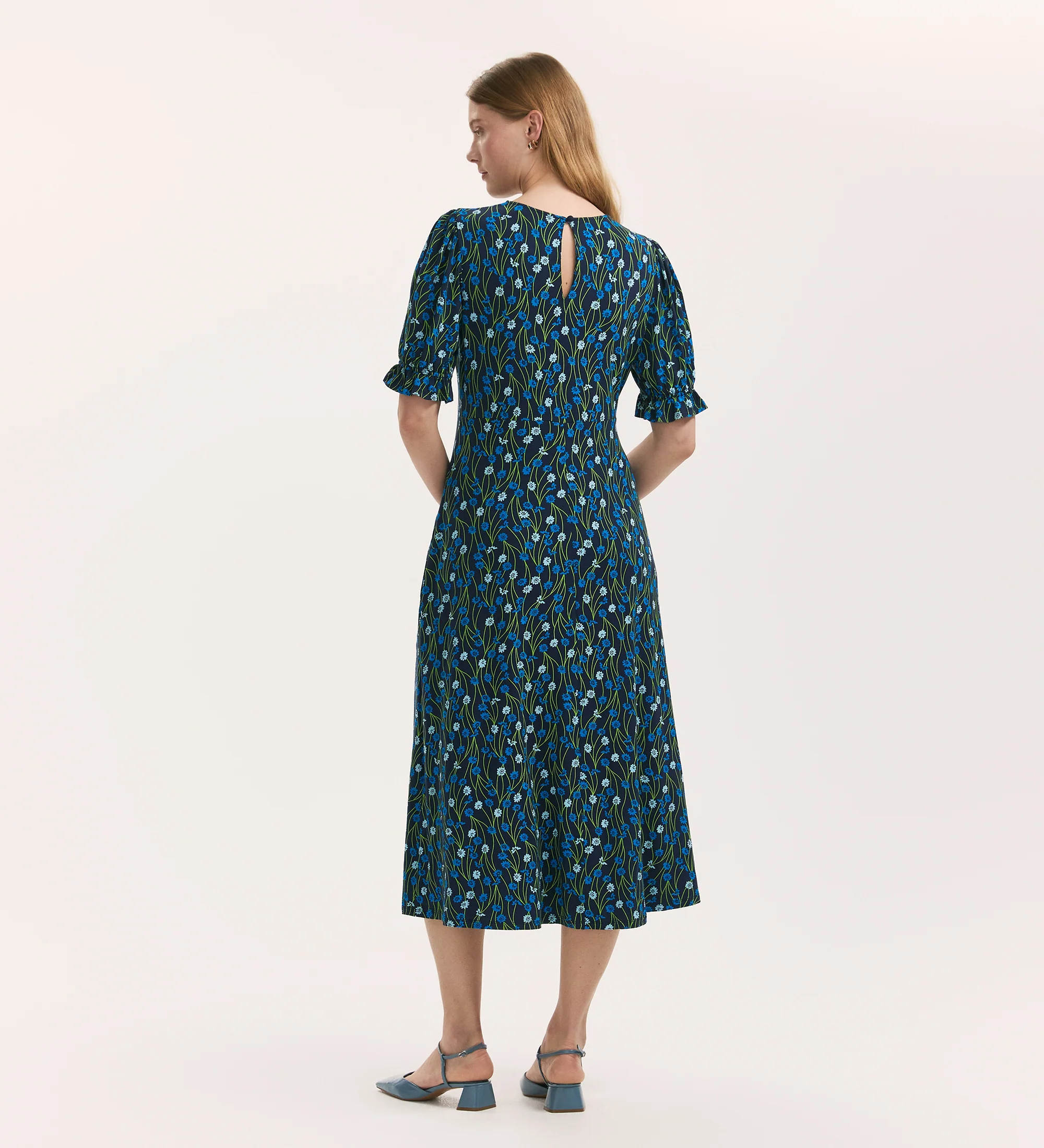 Lenisha Blue Flower Jersey Midi Tea Dress - Image 4