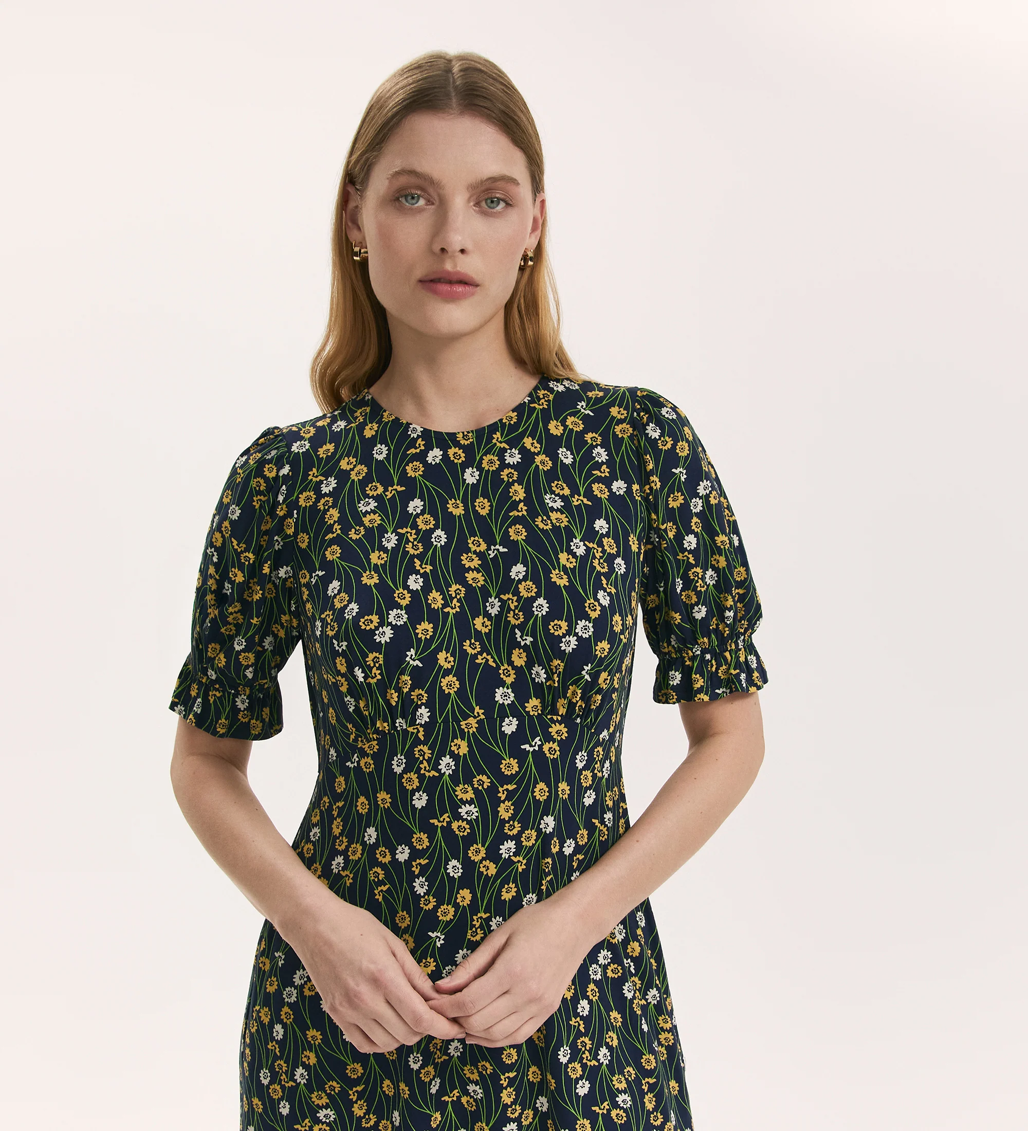 Lenisha Yellow Flower Jersey Midi Tea Dress - Image 2