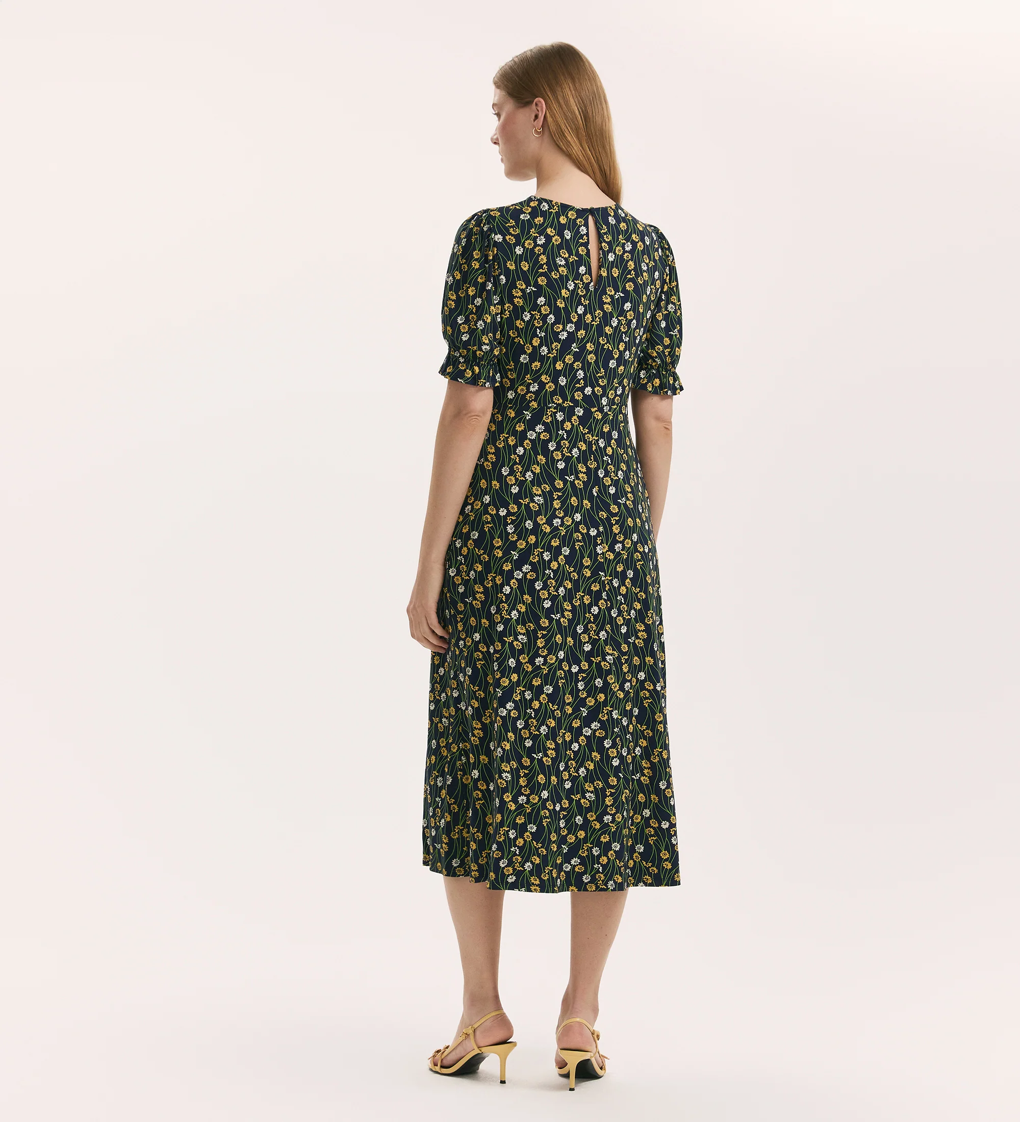 Lenisha Yellow Flower Jersey Midi Tea Dress - Image 4