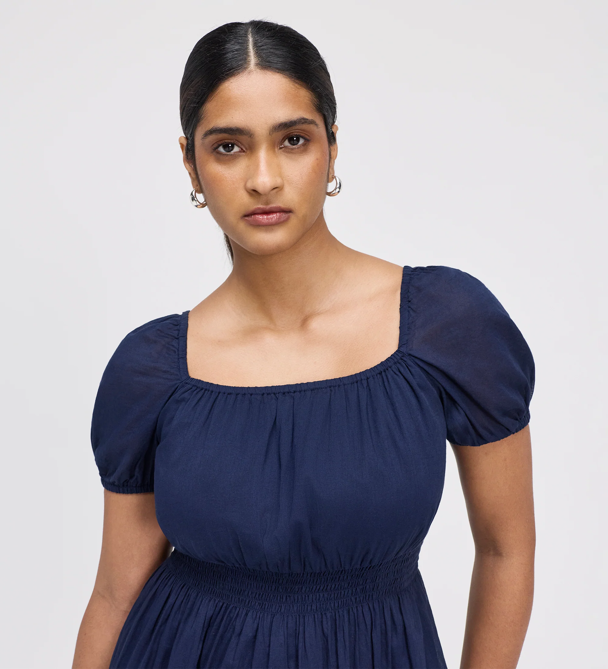 Mandy Navy Cotton Puff Sleeves Square Neck Midi Dress - Image 2