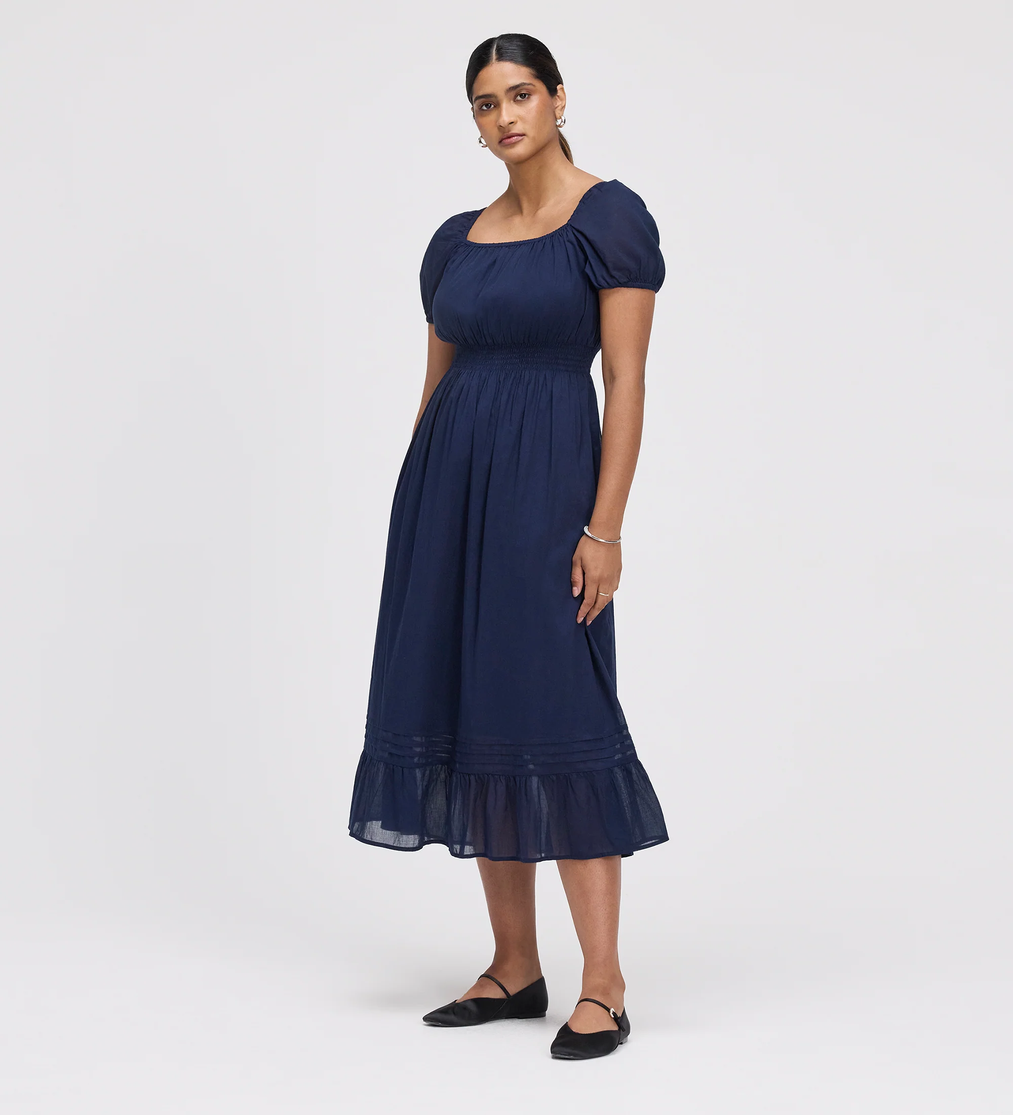 Mandy Navy Cotton Puff Sleeves Square Neck Midi Dress - Image 3