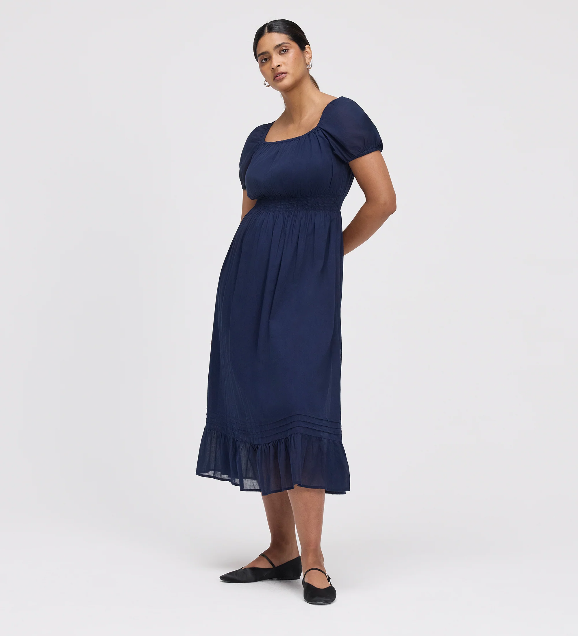 Mandy Navy Cotton Puff Sleeves Square Neck Midi Dress - Image 4