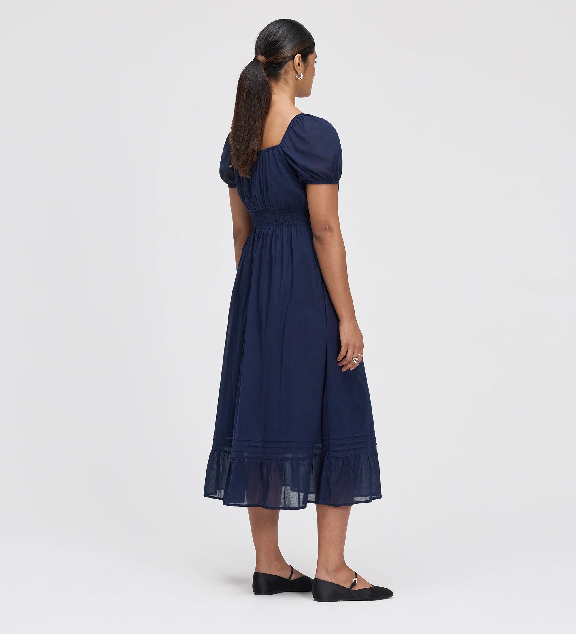 Mandy Navy Cotton Puff Sleeves Square Neck Midi Dress - Image 5