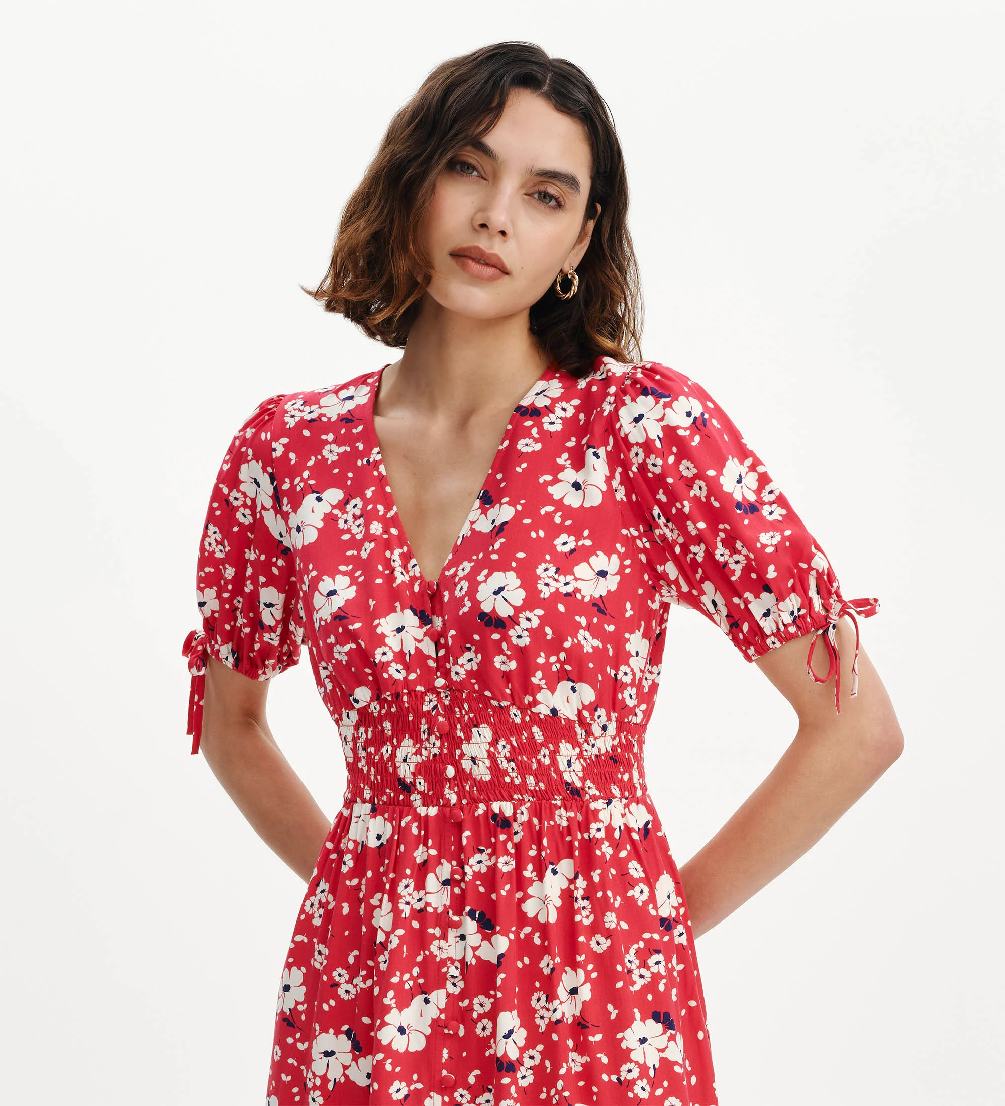 Margot Red Floral Puff Sleeve Button Through Midi Dress - Image 3