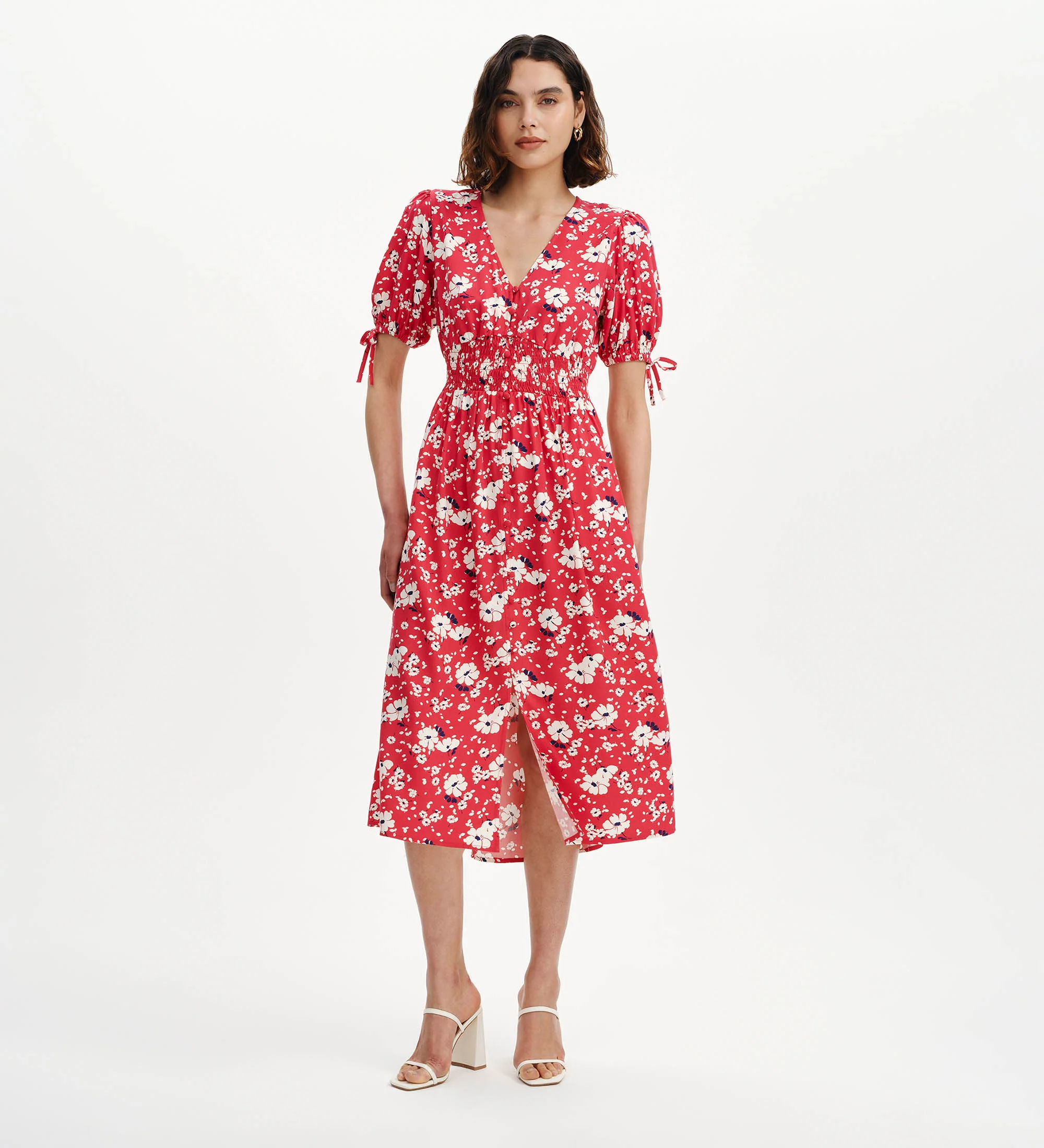 Margot Red Floral Puff Sleeve Button Through Midi Dress - Image 4