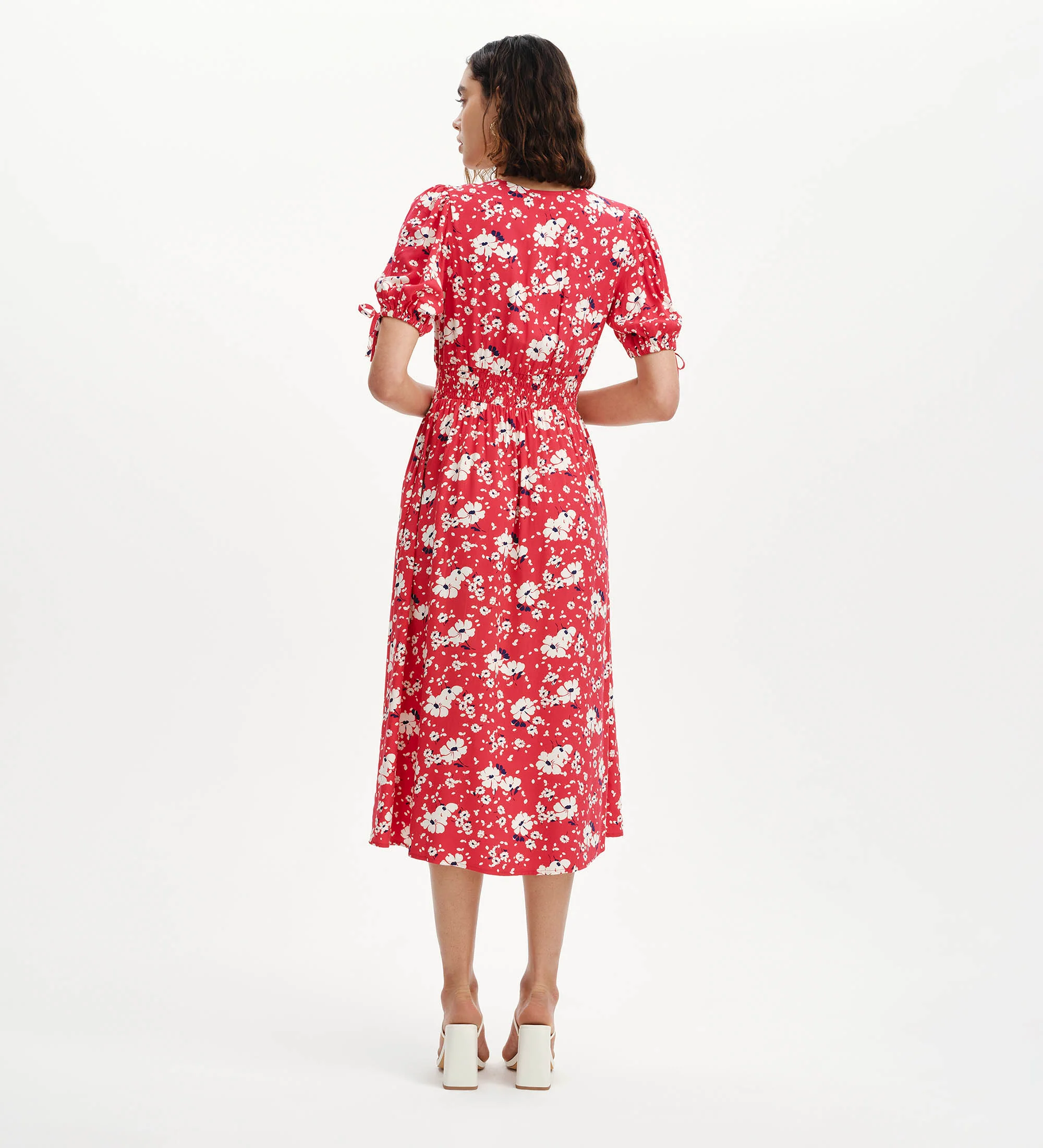 Margot Red Floral Puff Sleeve Button Through Midi Dress - Image 5