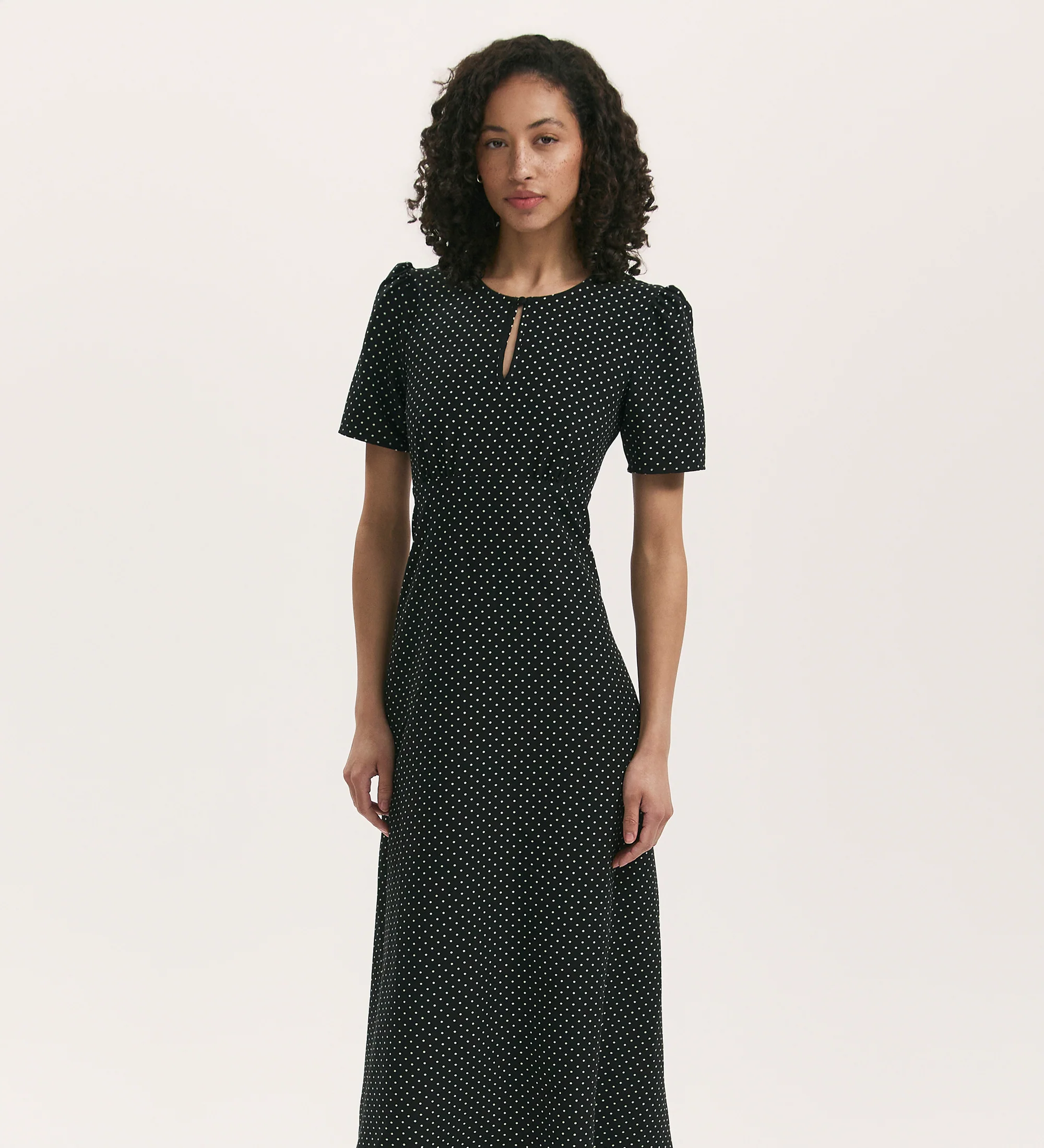 Marie Black Polka Dot Crepe Midi Tea Dress - Image 3
