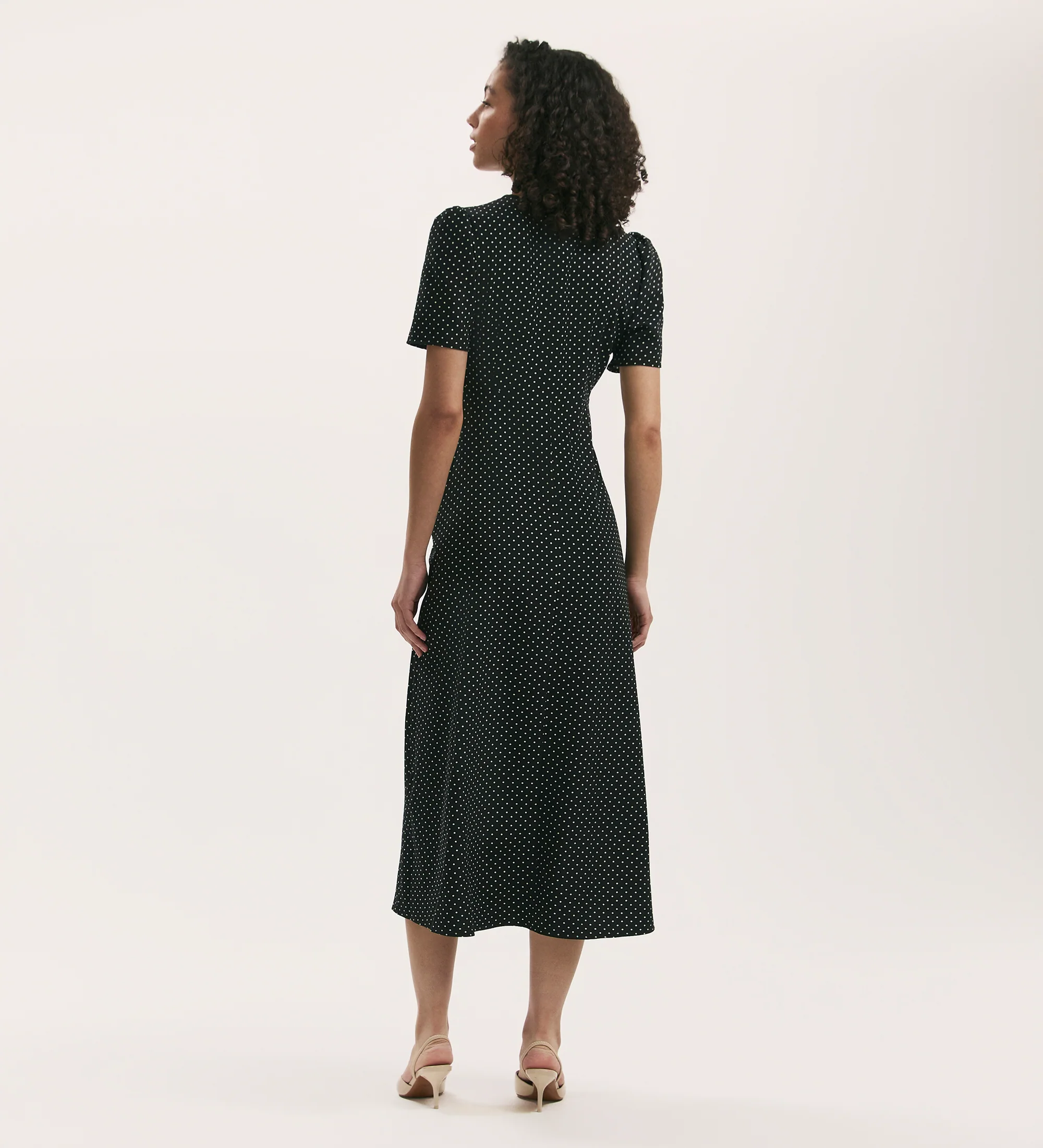 Marie Black Polka Dot Crepe Midi Tea Dress - Image 4