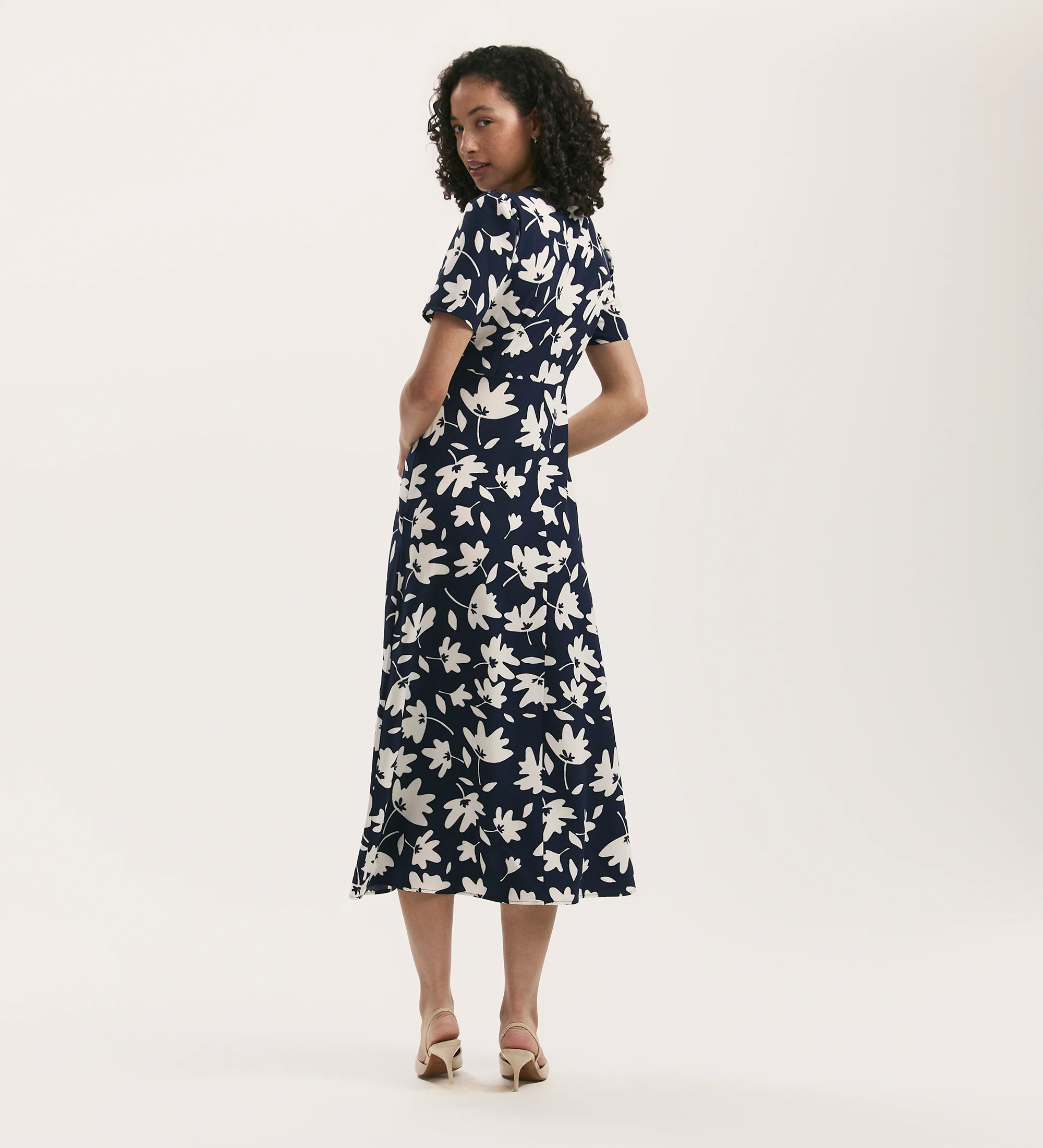 Marie Navy Leaves Crepe Midi Tea Dress - Image 4