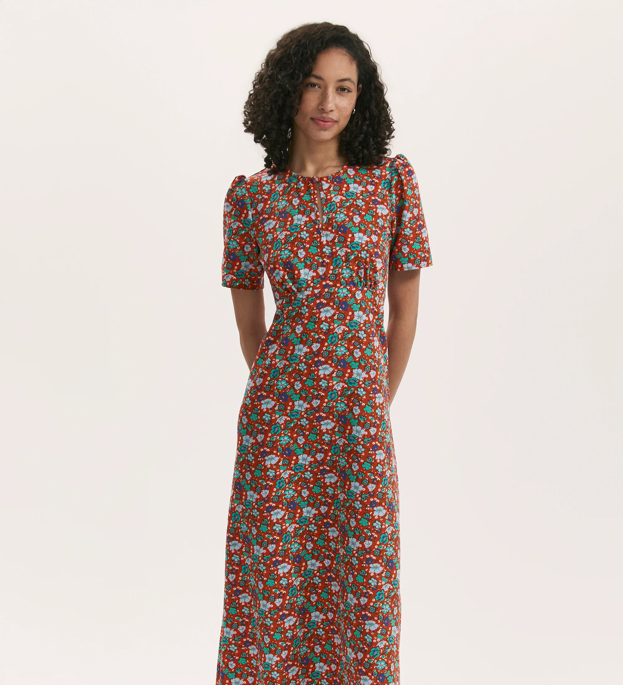 Marie Red Ditsy Crepe Midi Tea Dress - Image 3