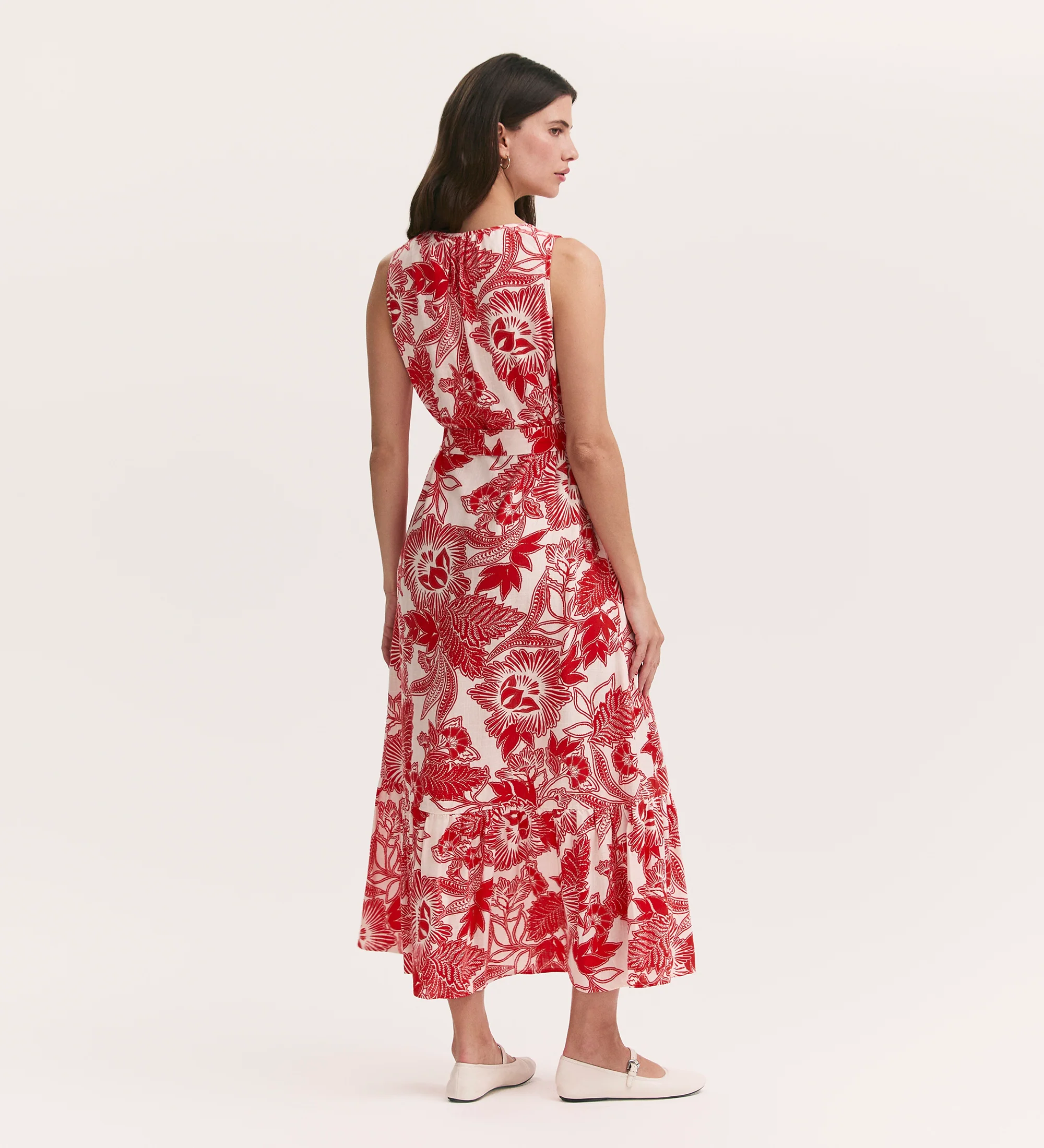 Marta Red Flower Crepe Linen Blend Sleeveless Midi Dress - Image 4