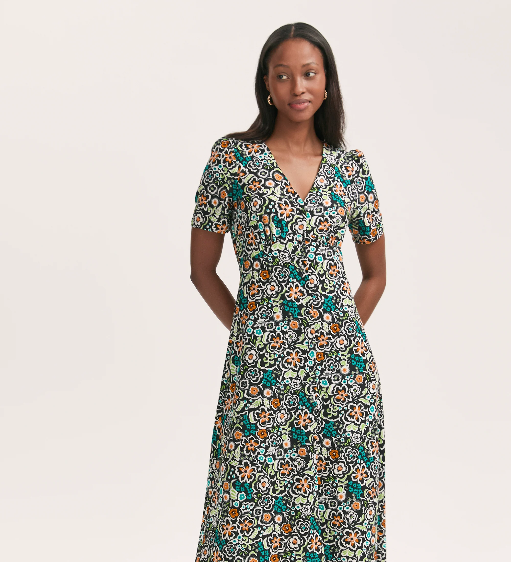 Martina Black Flower Crepe Midi Dress - Image 3