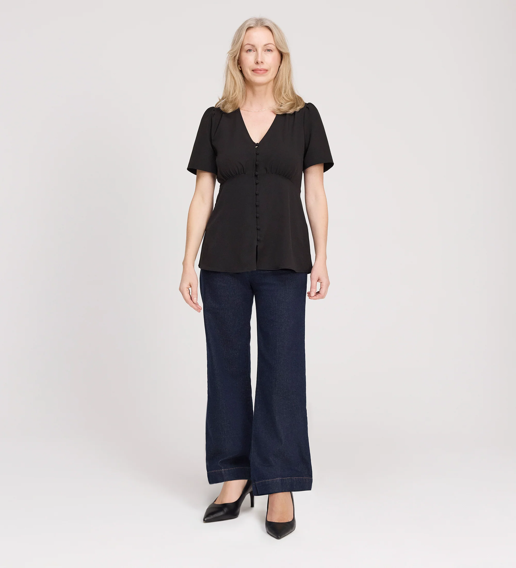 Maryam Black Button Up V-Neck Short Sleeve Top - Image 2