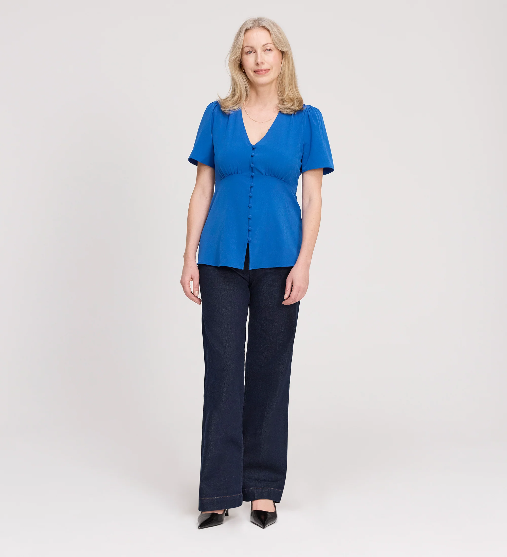Maryam Cobalt Button Up V-Neck Short Sleeve Top - Image 2