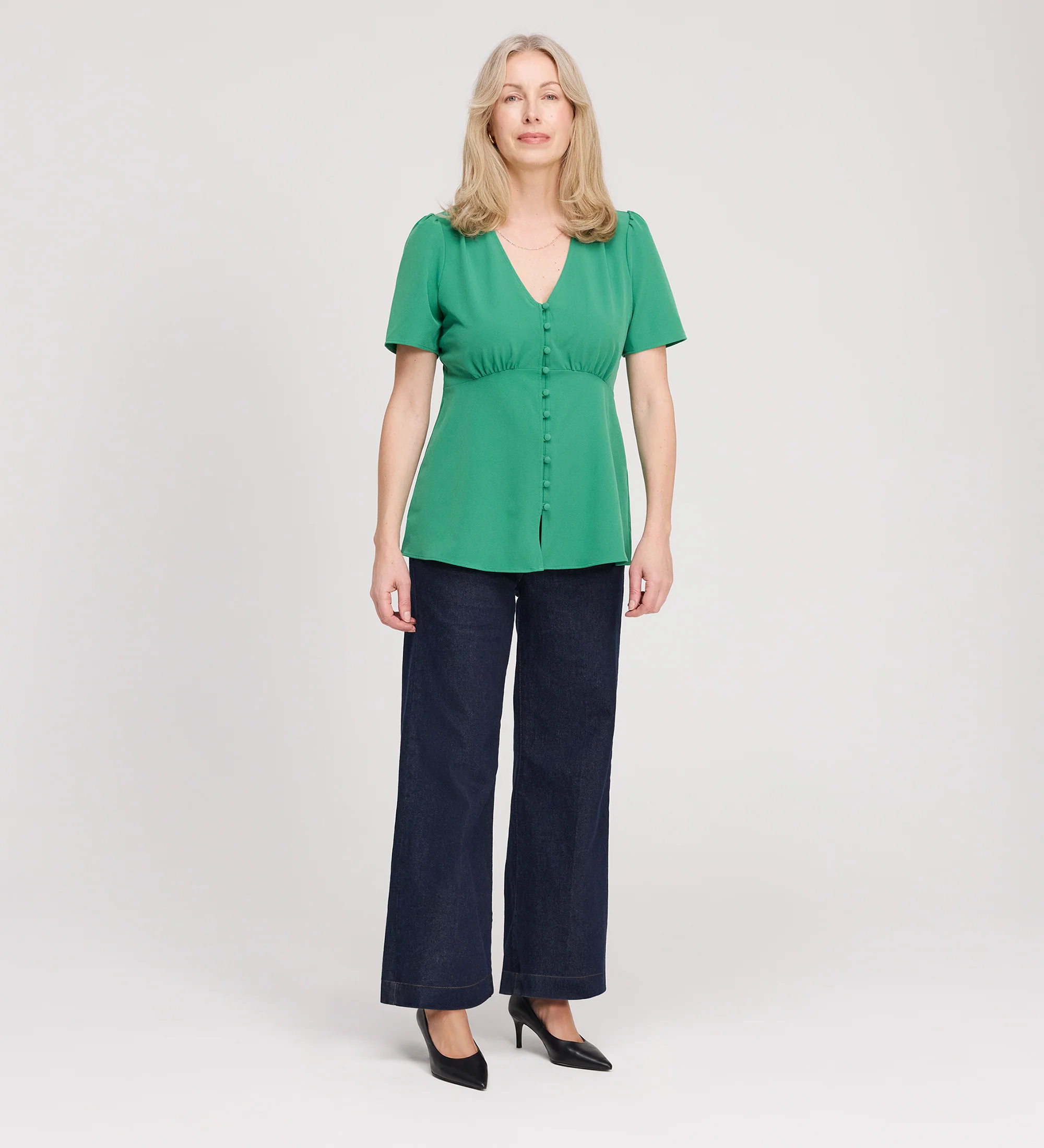 Maryam Green Button Up V-Neck Short Sleeve Top - Image 2
