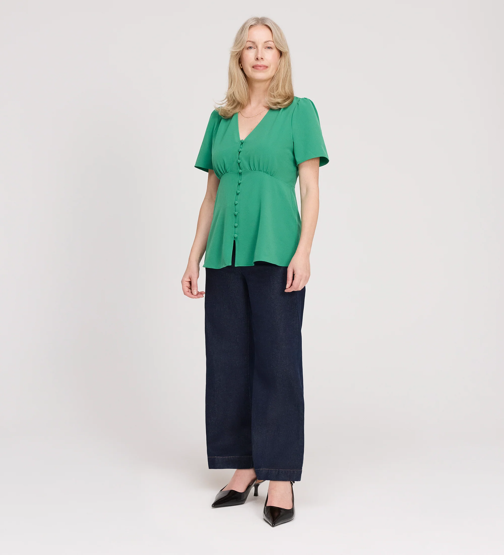 Maryam Green Button Up V-Neck Short Sleeve Top - Image 3