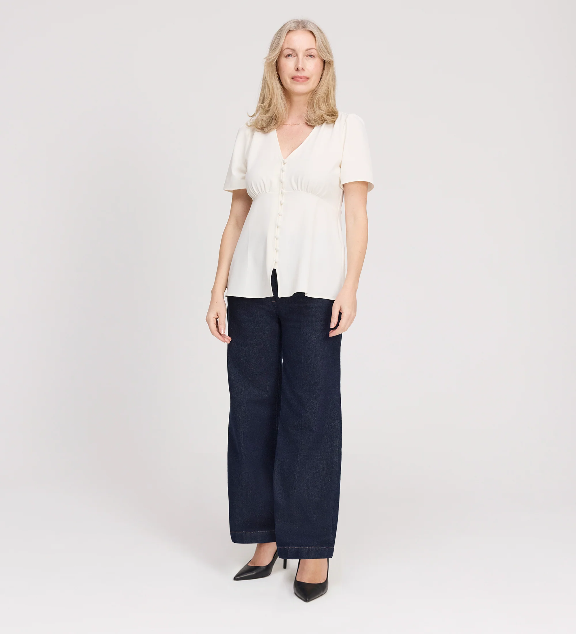 Maryam Ivory Button Up V-Neck Short Sleeve Top - Image 2