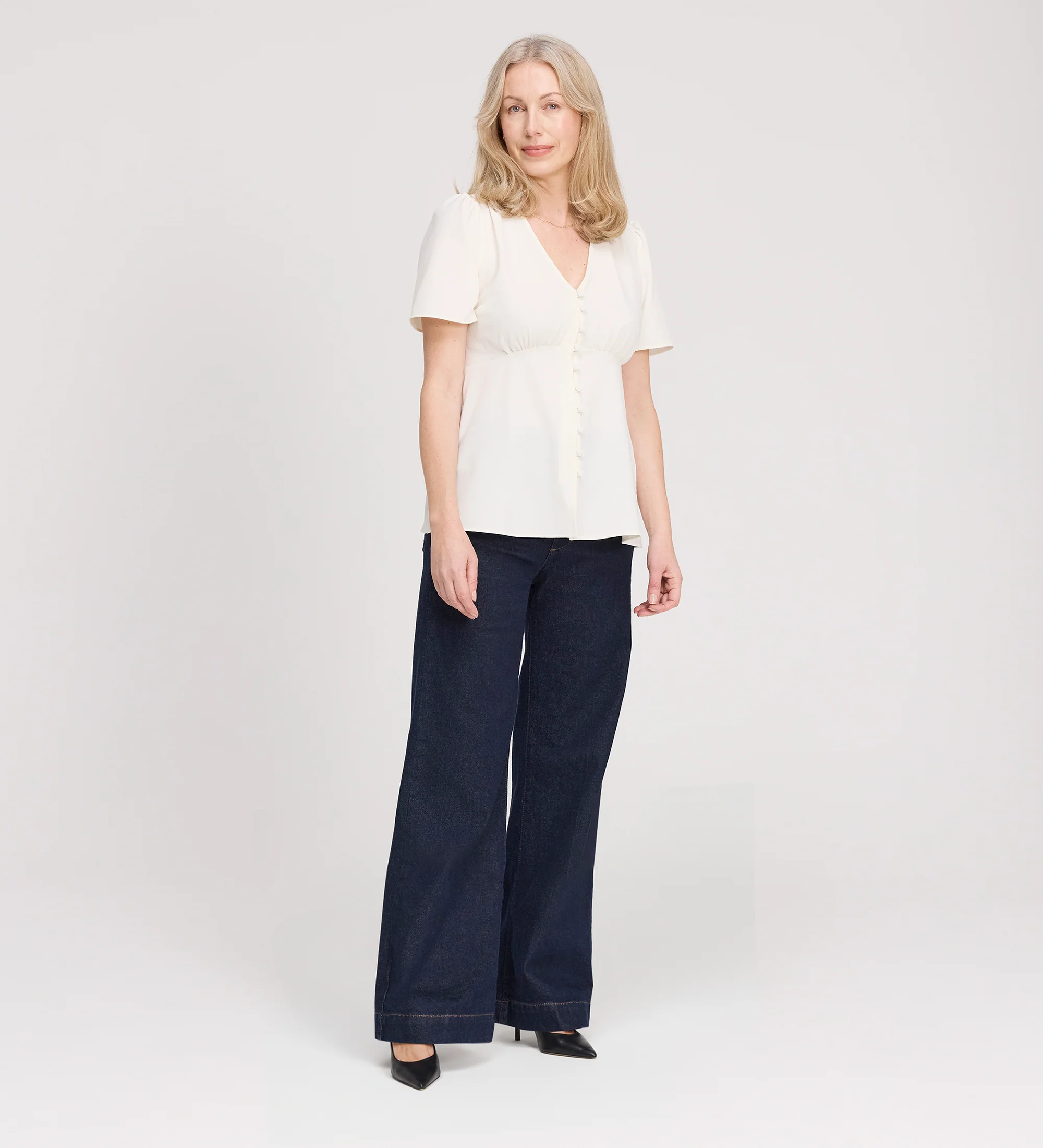 Maryam Ivory Button Up V-Neck Short Sleeve Top - Image 3