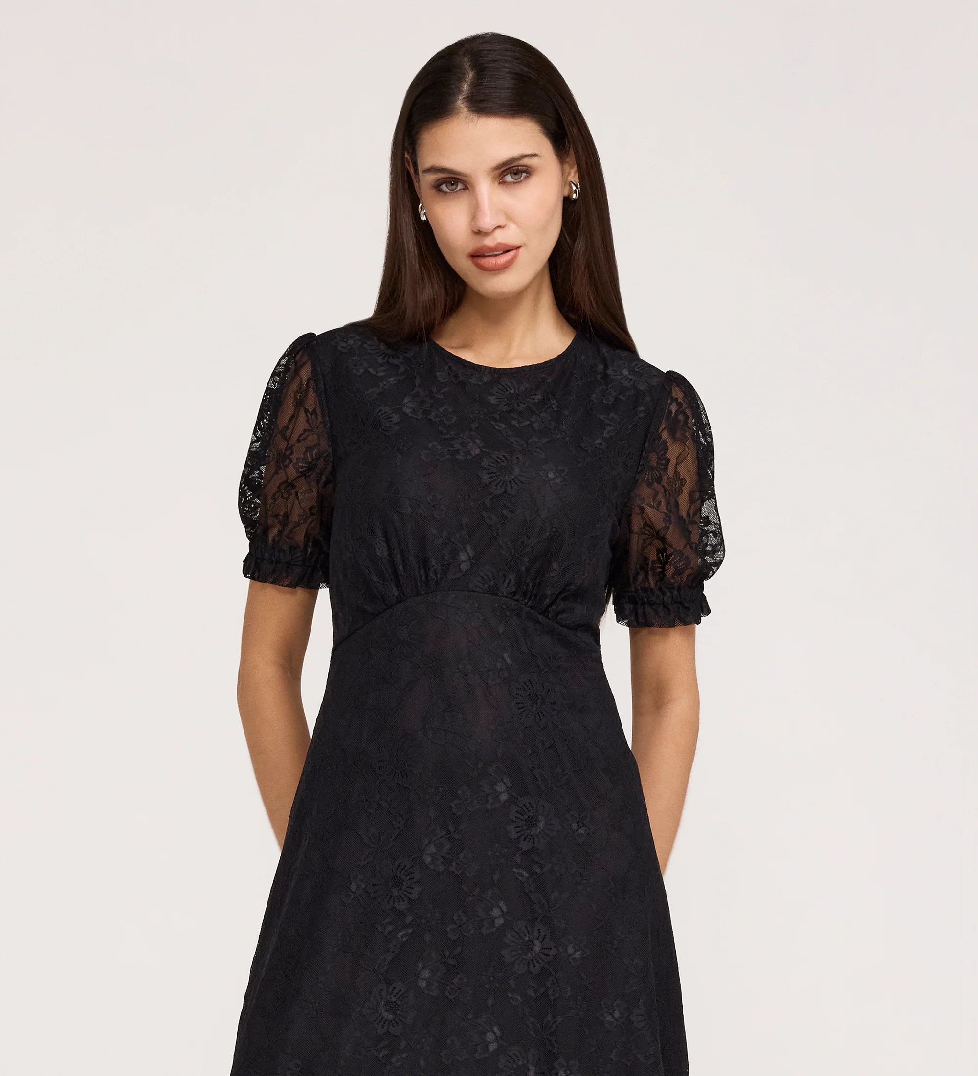 Mela Black Lace Round Neck Puff Sleeve Midi Tea Dress - Image 3