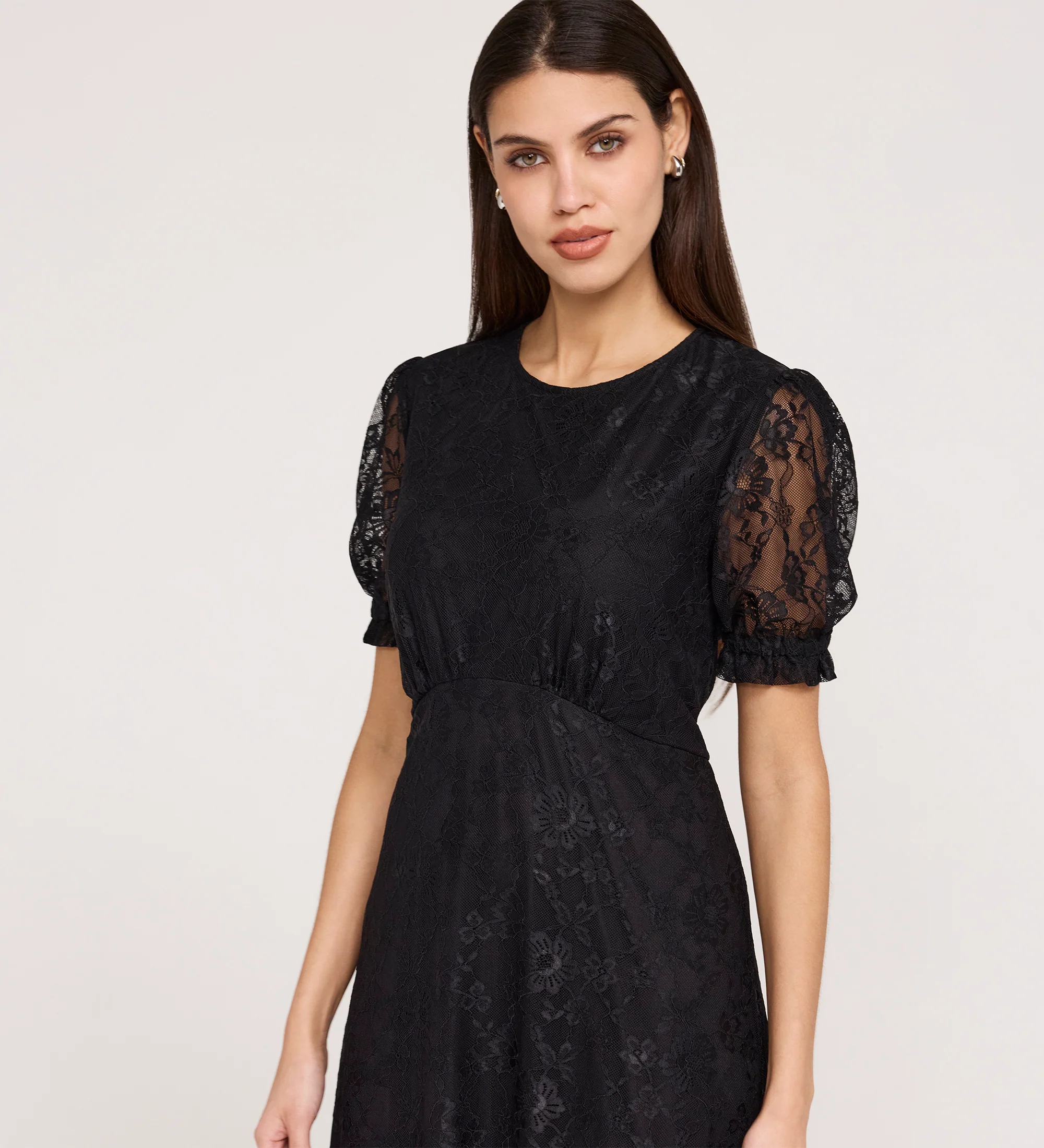 Mela Black Lace Round Neck Puff Sleeve Midi Tea Dress - Image 5