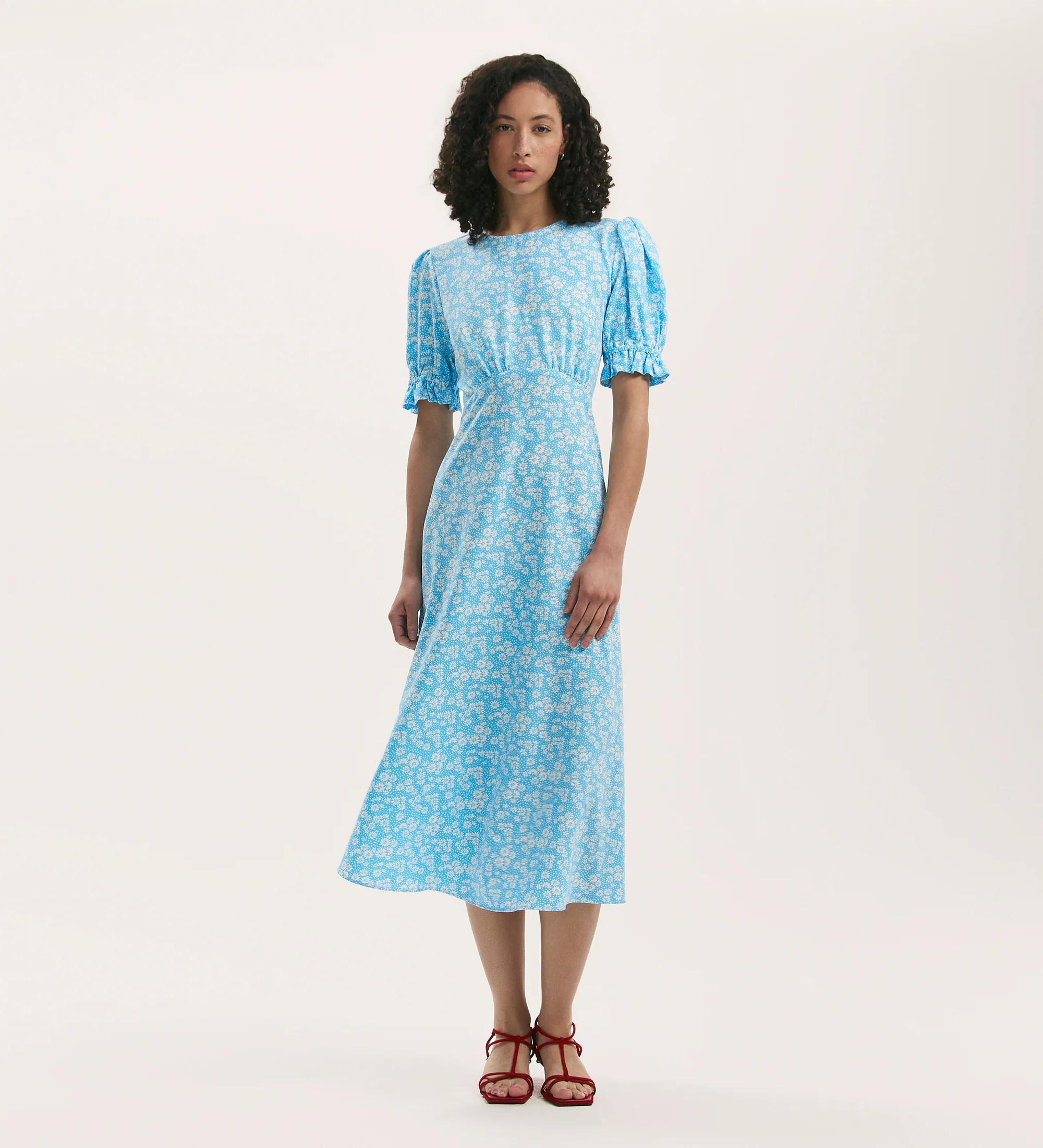 Mela Blue Daisy Crepe Midi Tea Dress