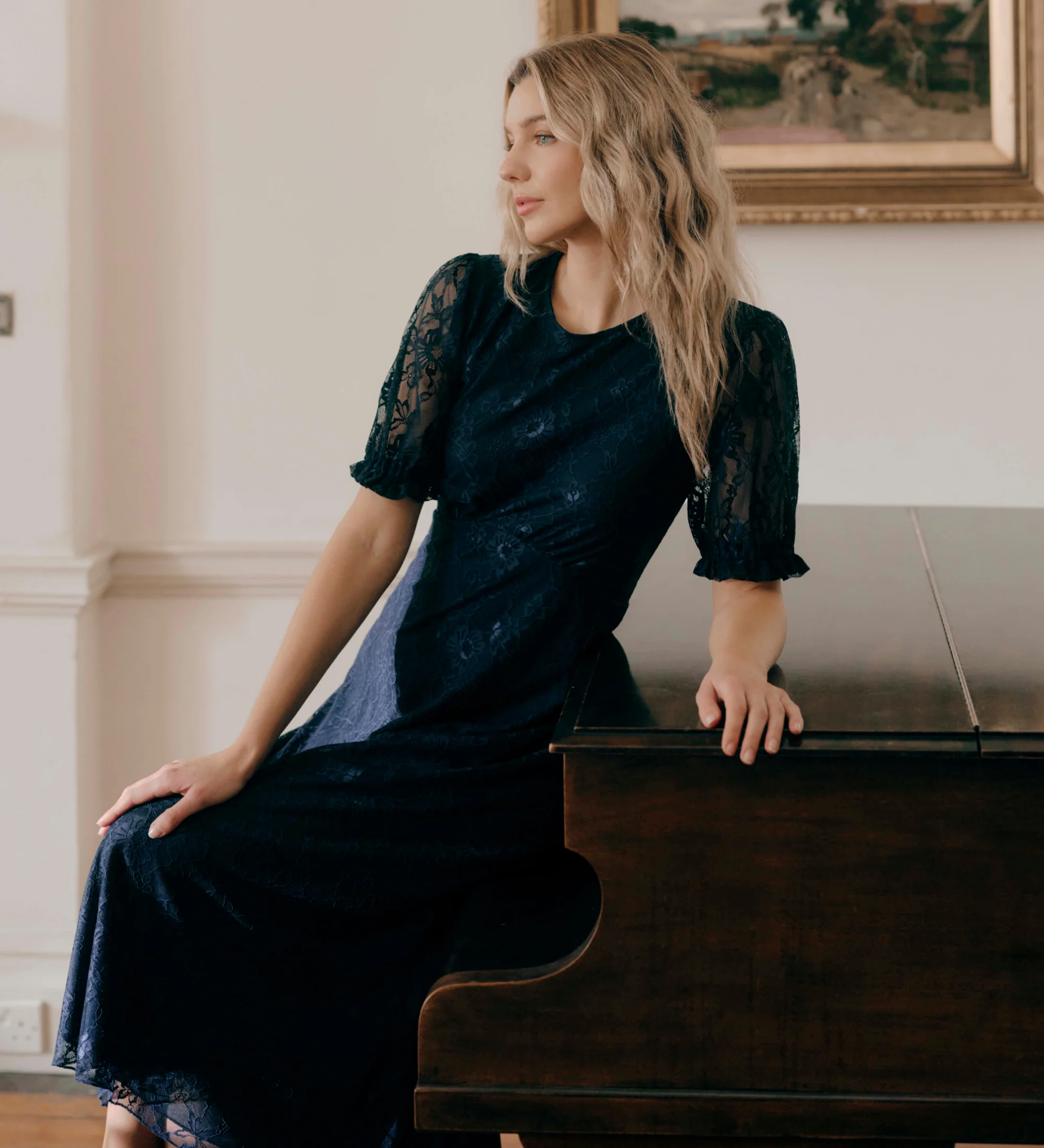 Mela Navy Lace Round Neck Puff Sleeve Midi Tea Dress - Image 3