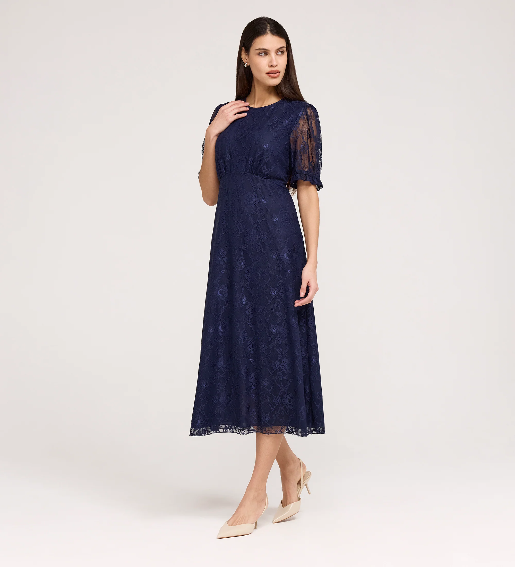 Mela Navy Lace Round Neck Puff Sleeve Midi Tea Dress - Image 4
