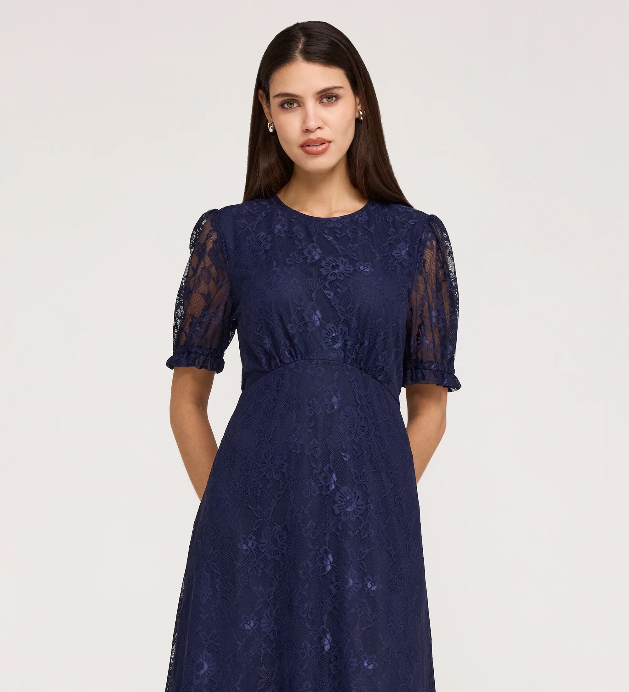 Mela Navy Lace Round Neck Puff Sleeve Midi Tea Dress - Image 5