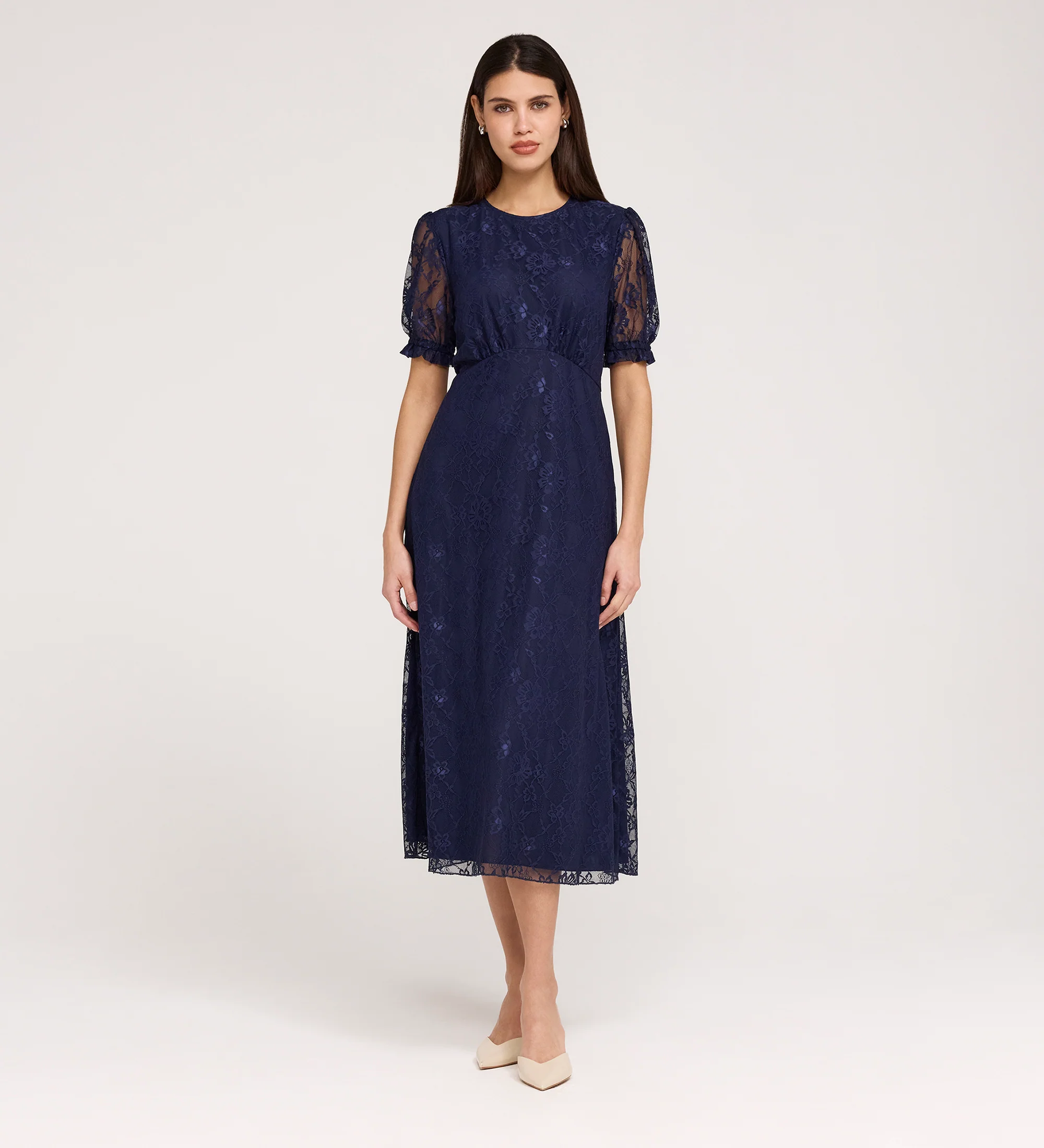Mela Navy Lace Round Neck Puff Sleeve Midi Tea Dress - Image 7
