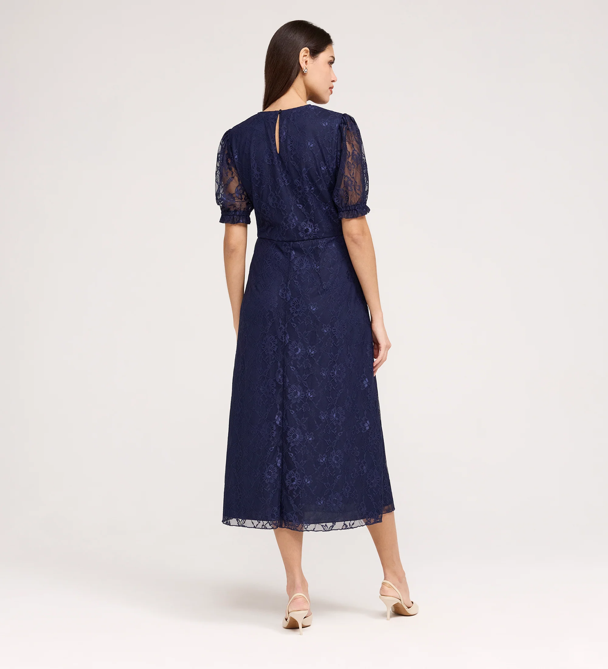 Mela Navy Lace Round Neck Puff Sleeve Midi Tea Dress - Image 8