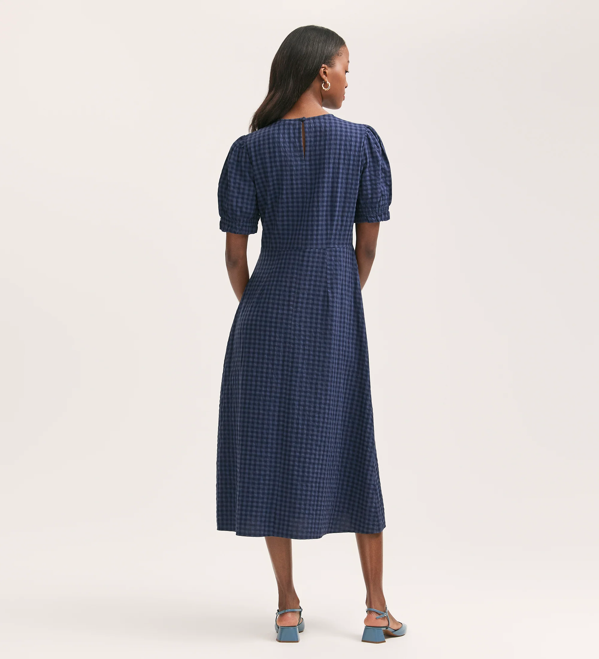 Mela Navy Gingham Seersucker Midi Dress - Image 4