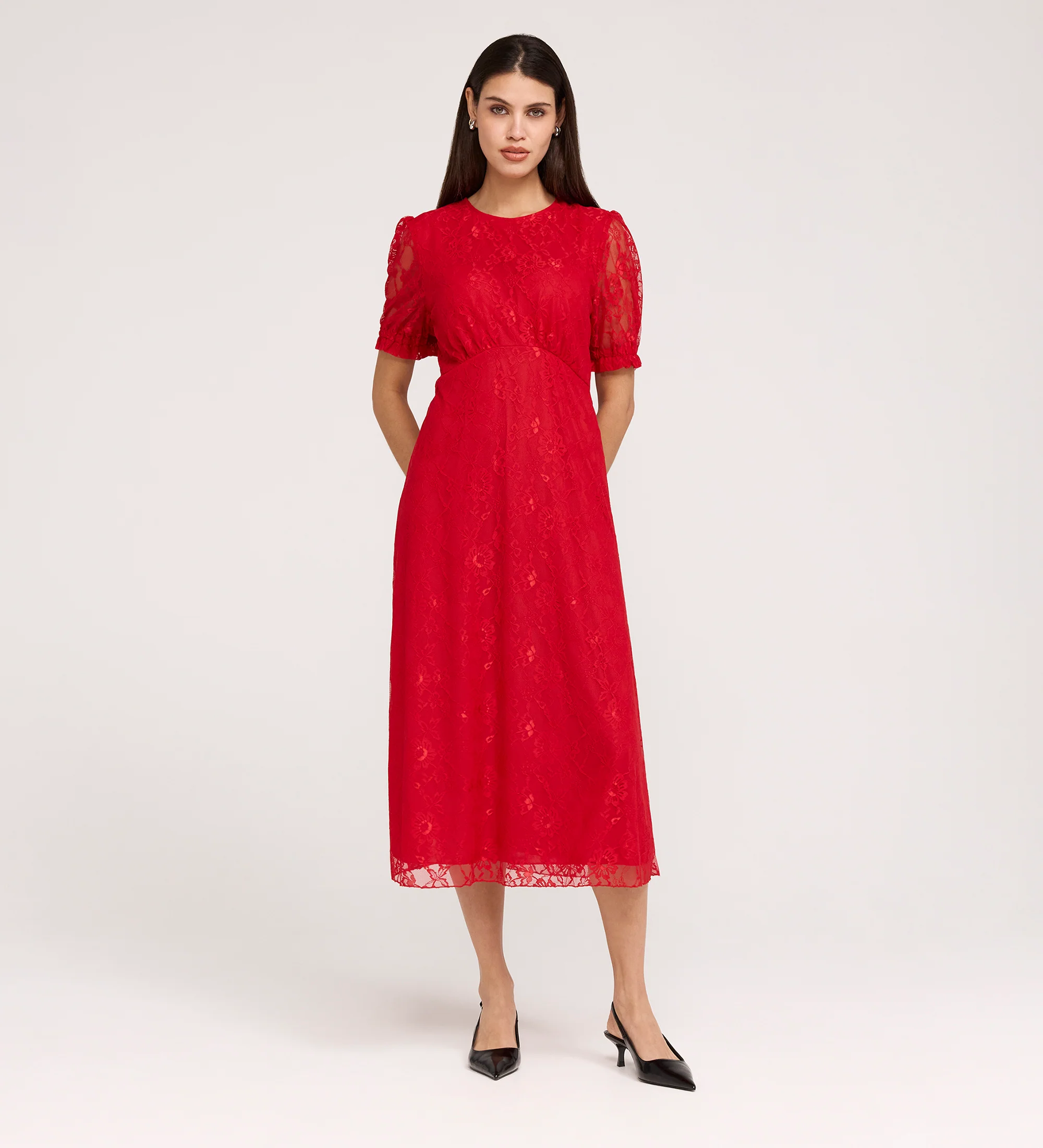 Mela Red Lace Round Neck Puff Sleeve Midi Tea Dress - Image 3