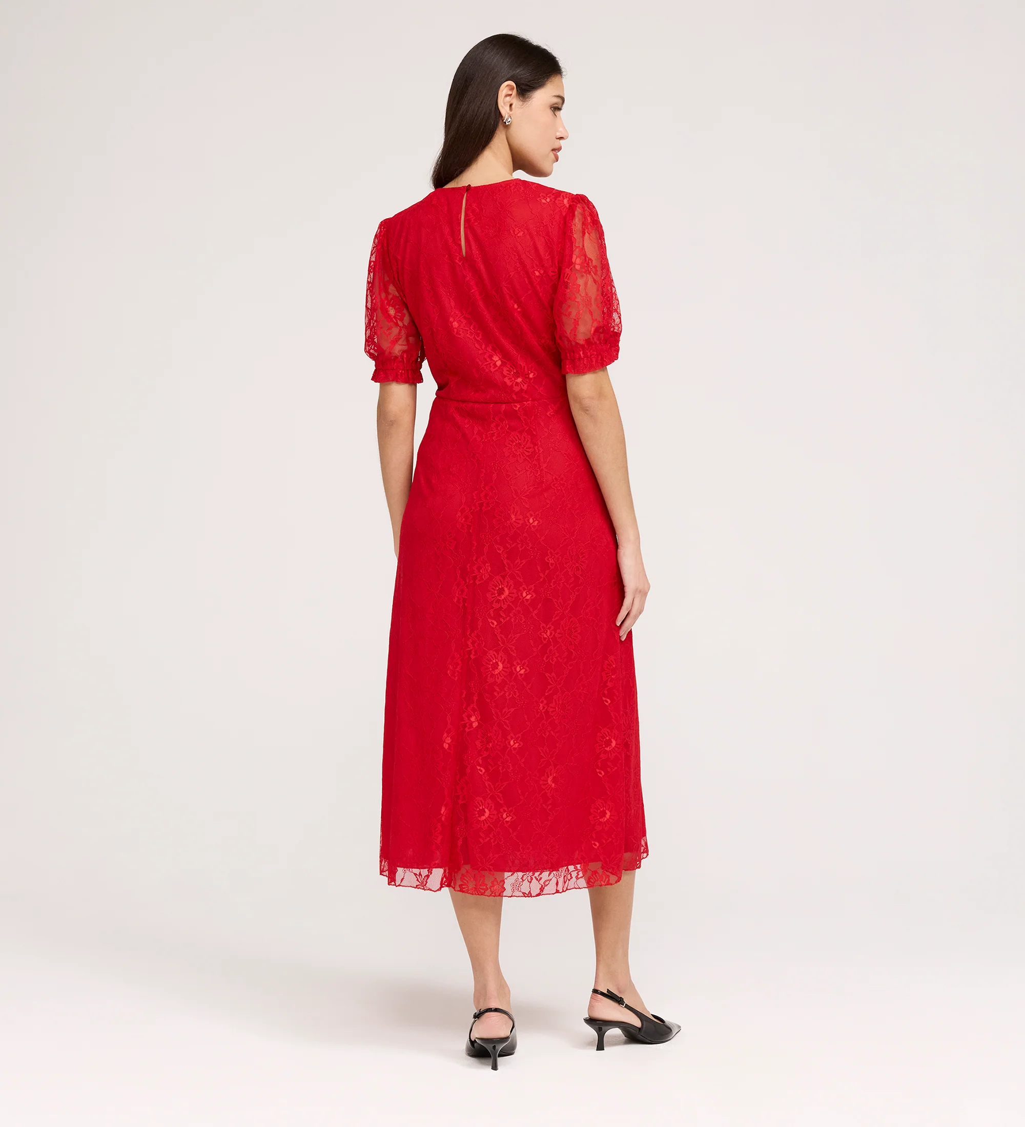 Mela Red Lace Round Neck Puff Sleeve Midi Tea Dress - Image 5