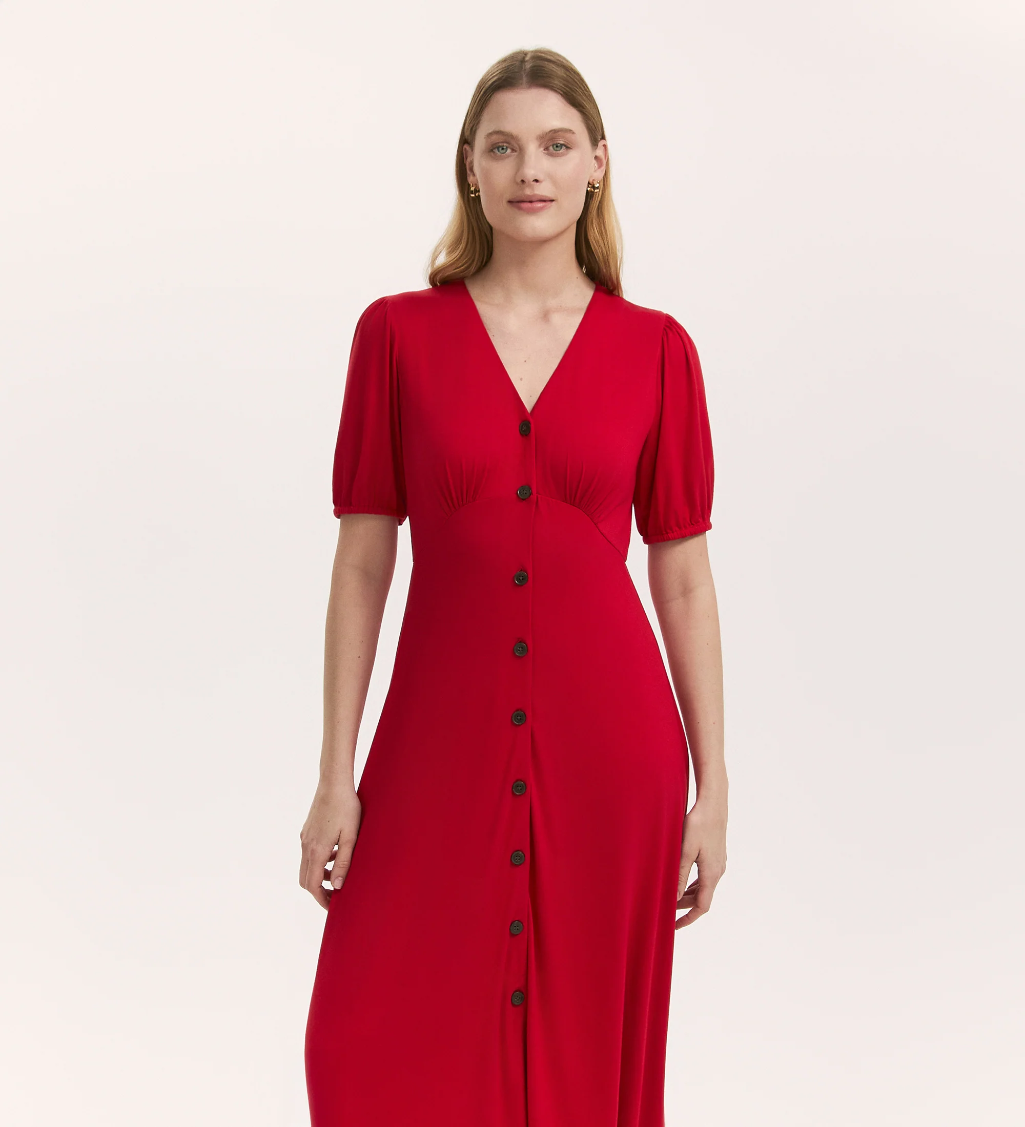 Milena Red Jersey Button Through Midi Dress - Image 3