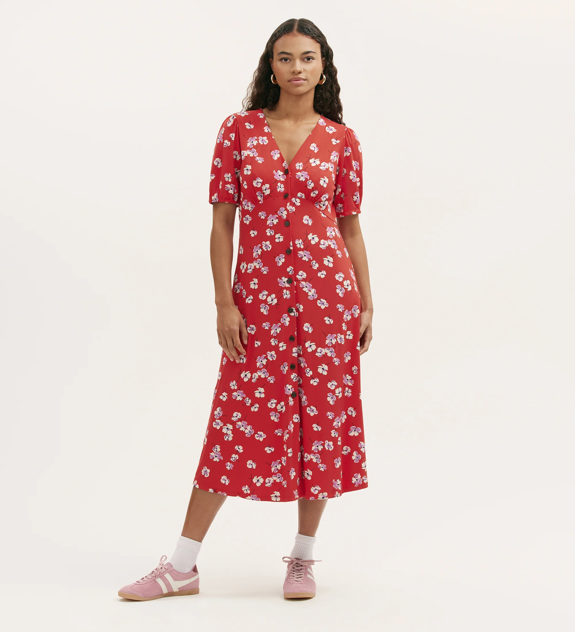 Milena Red Poppies Jersey Midi Dress
