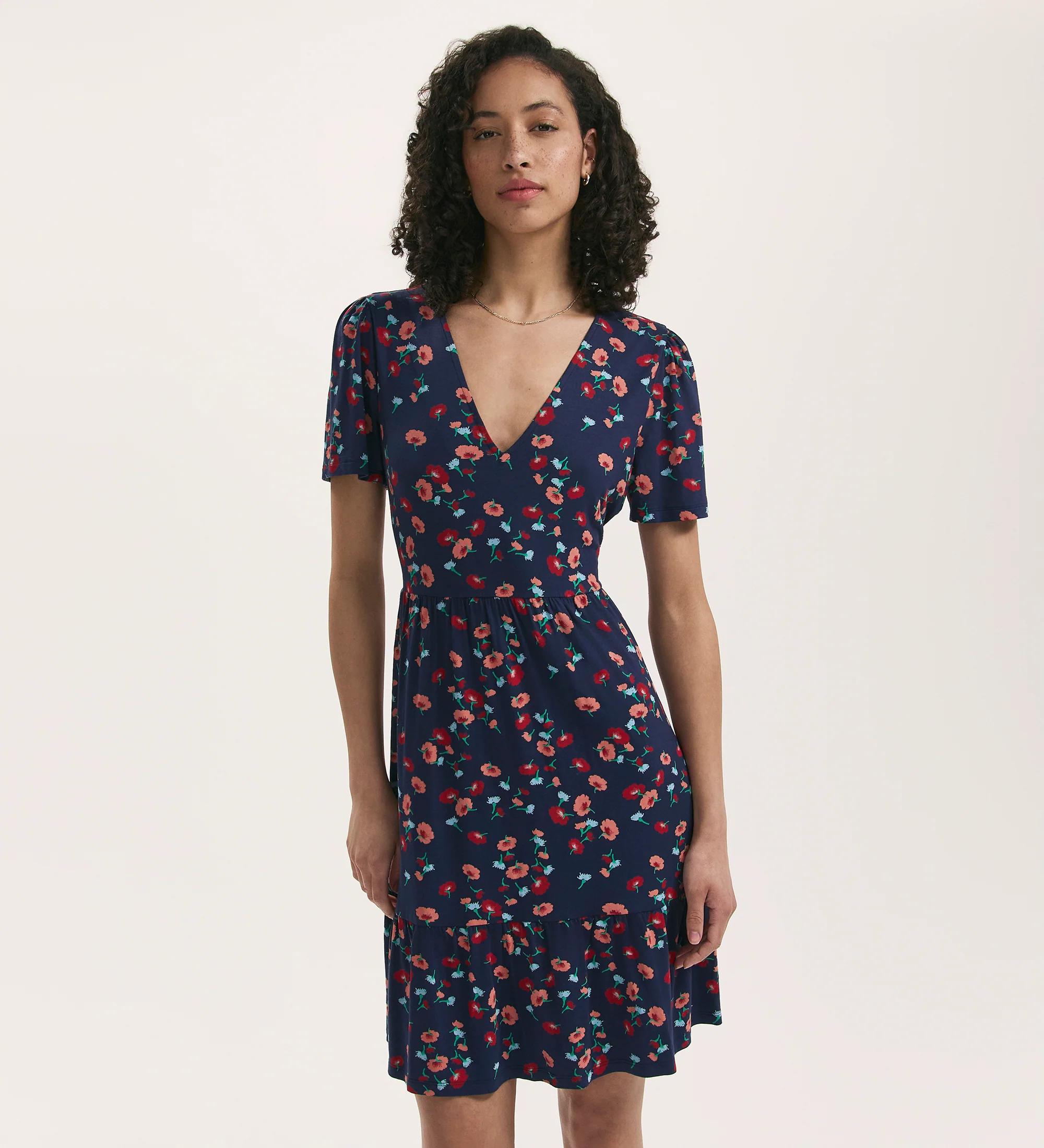 Misha Navy Flower Jersey Short Tiered Dress - Image 2