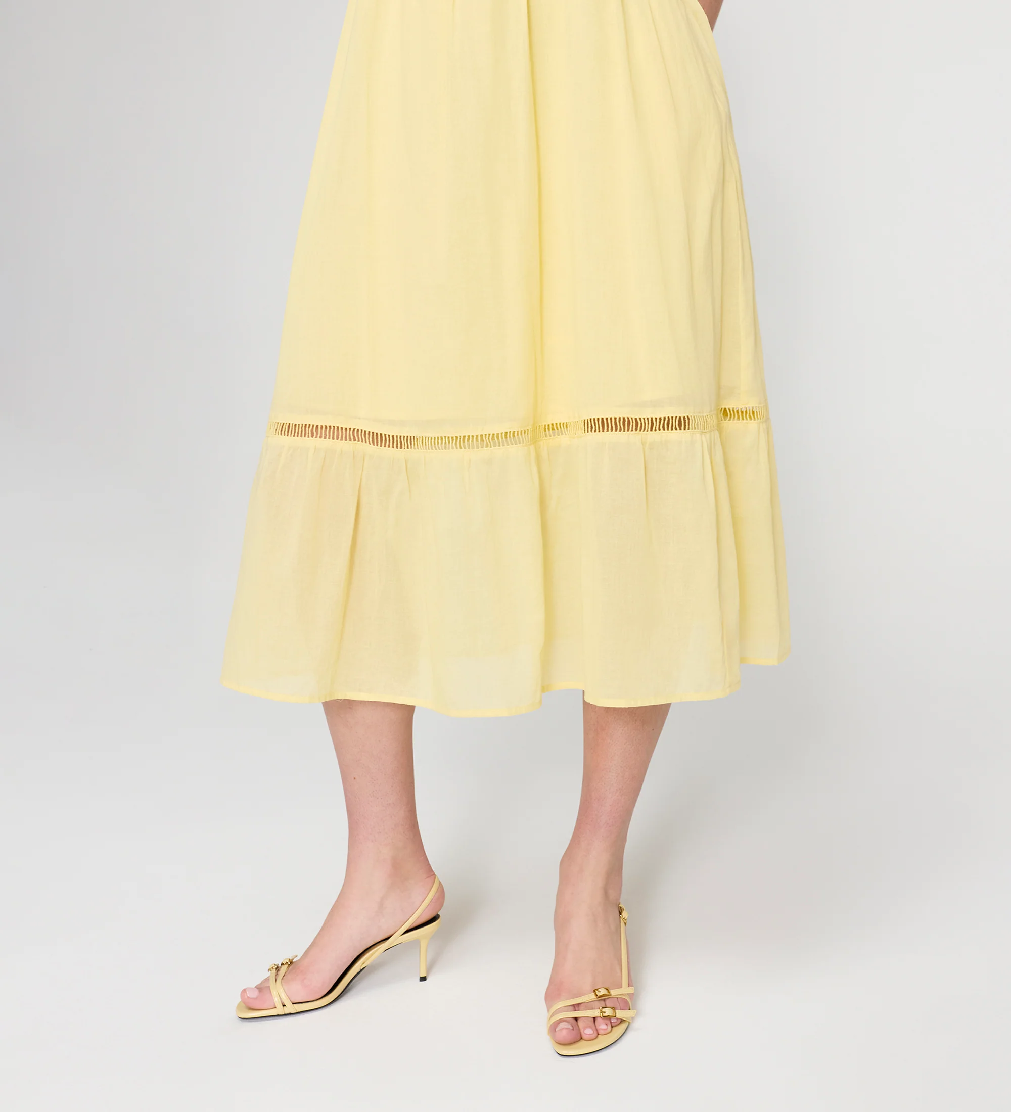 Myriam Yellow Lace Sleeveless Tiered Cotton Midi Dress - Image 2