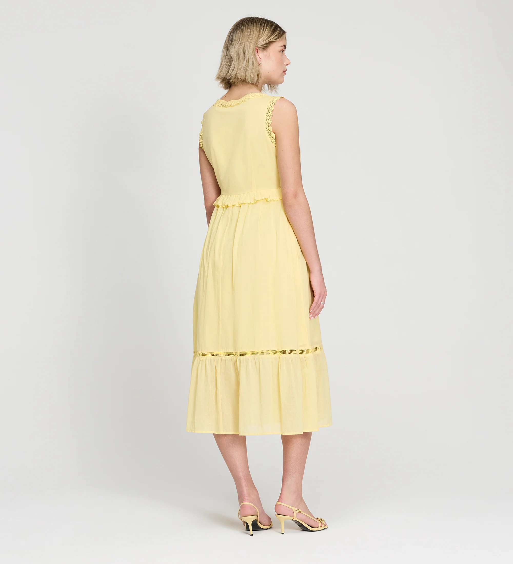 Myriam Yellow Lace Sleeveless Tiered Cotton Midi Dress - Image 7
