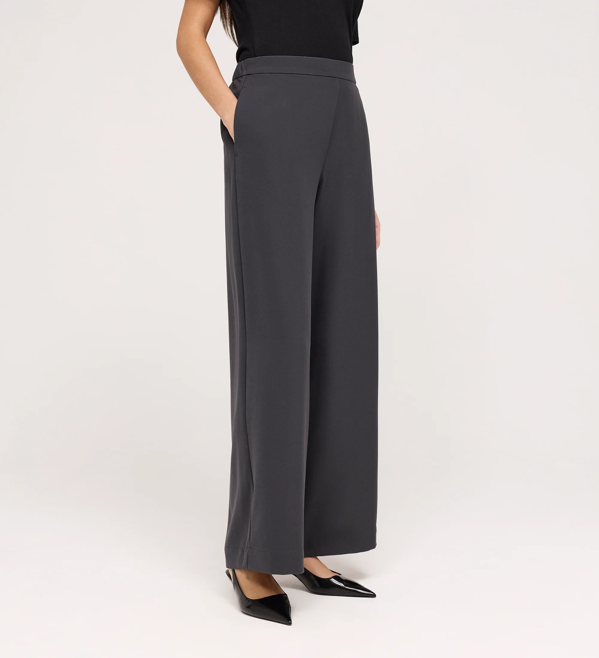 Nat Charcoal Gaberdine Twill Wide Leg Trousers - Image 2