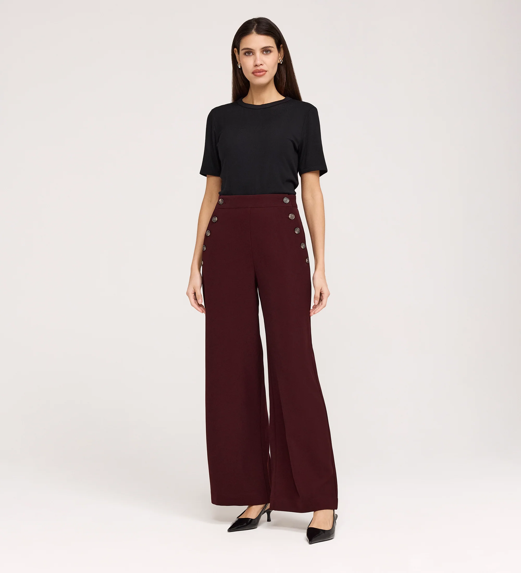 Nellie Burgundy Gaberdine Twill Wide Leg Trousers