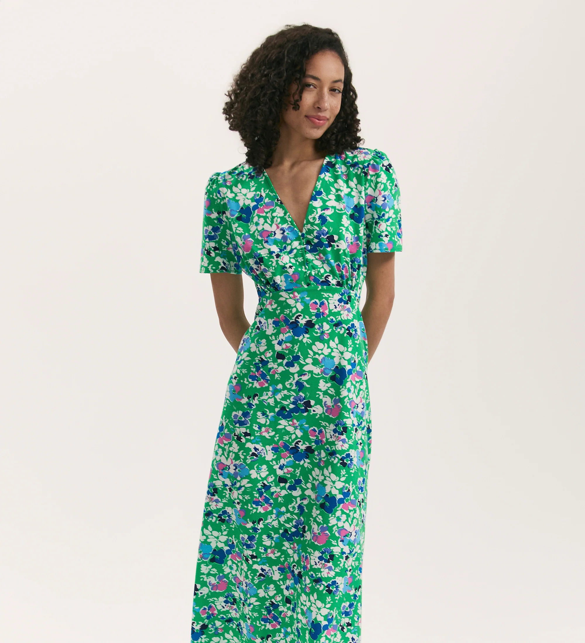 Nieve Green Floral Crepe Midi Tea Dress - Image 3