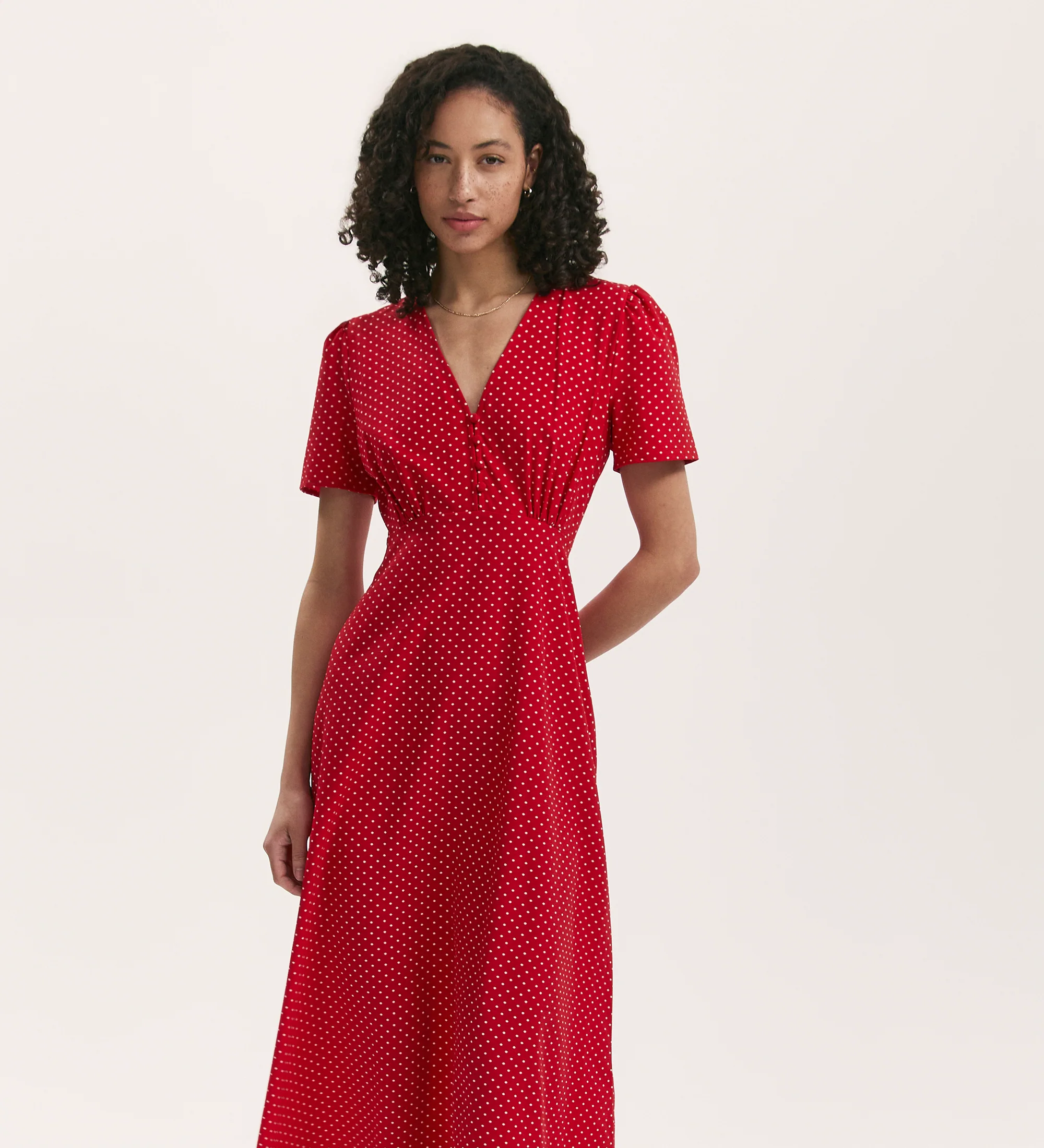 Nieve Red Polka Dot Crepe Midi Tea Dress - Image 3